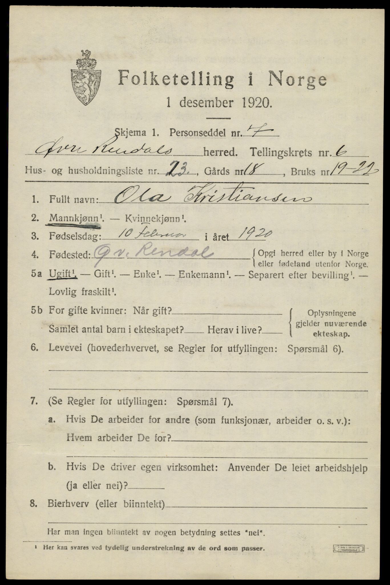 SAH, Folketelling 1920 for 0433 Øvre Rendal herred, 1920, s. 2445