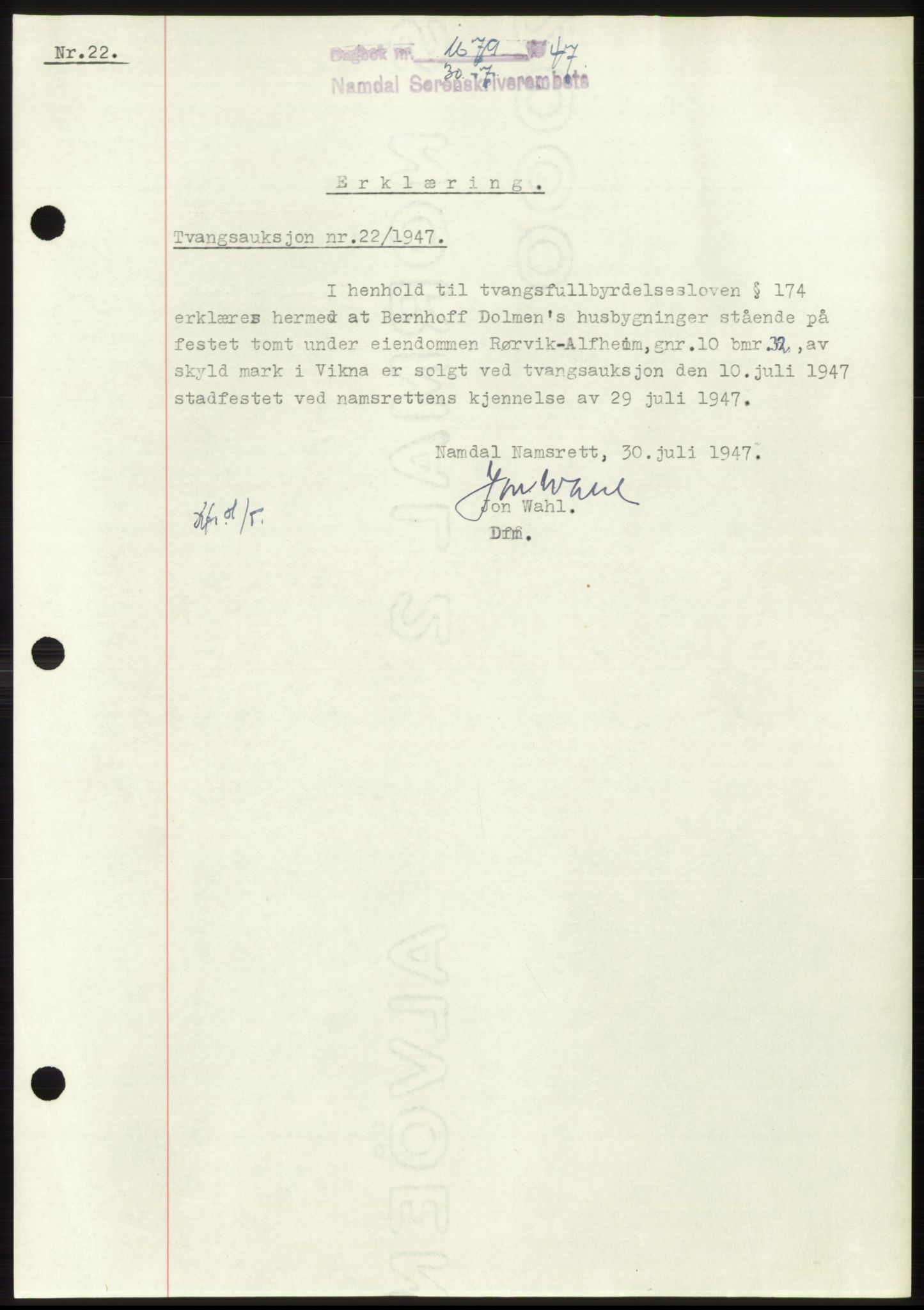Namdal sorenskriveri, SAT/A-4133/1/2/2C: Pantebok nr. -, 1947-1947, Dagboknr: 1679/1947
