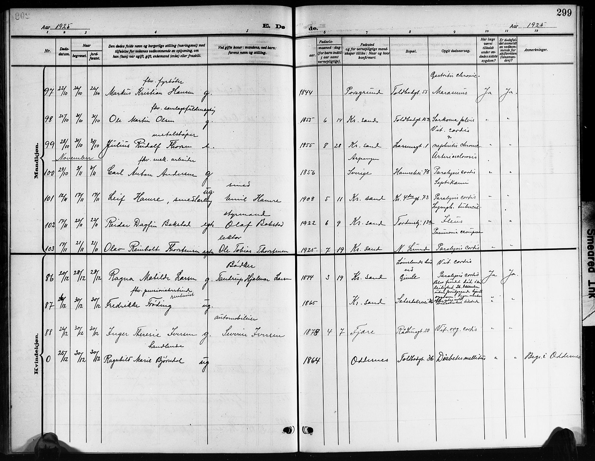 Kristiansand domprosti, AV/SAK-1112-0006/F/Fb/L0022: Klokkerbok nr. B 22, 1915-1925, s. 299