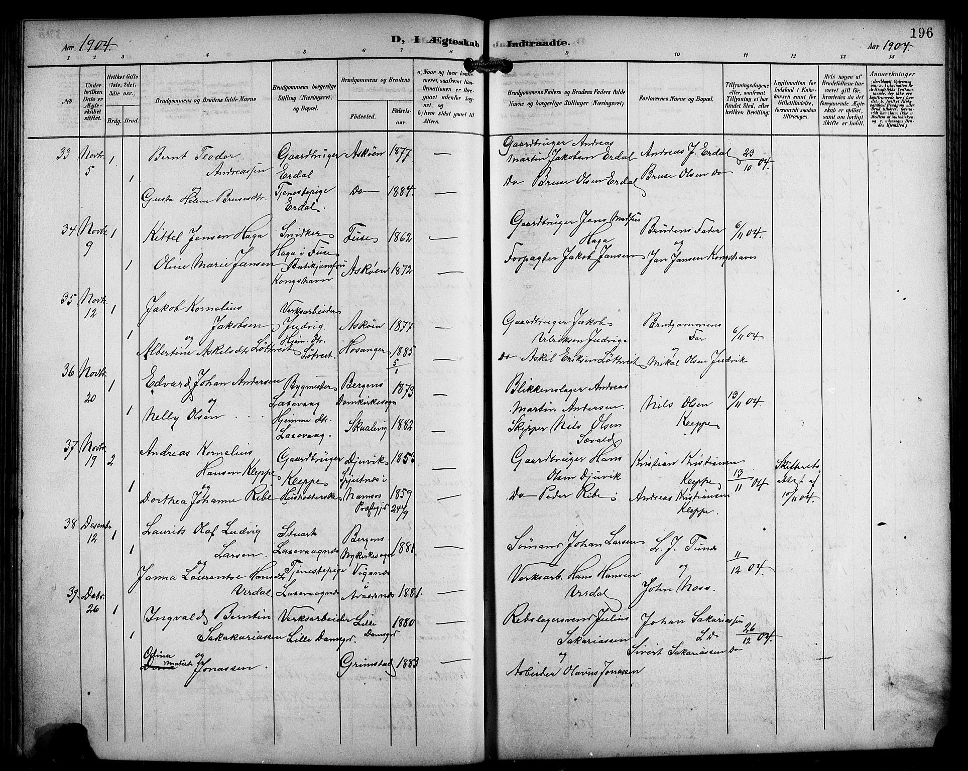 Laksevåg Sokneprestembete, AV/SAB-A-76501/H/Ha/Hab/Haba/L0004: Klokkerbok nr. A 4, 1899-1909, s. 196