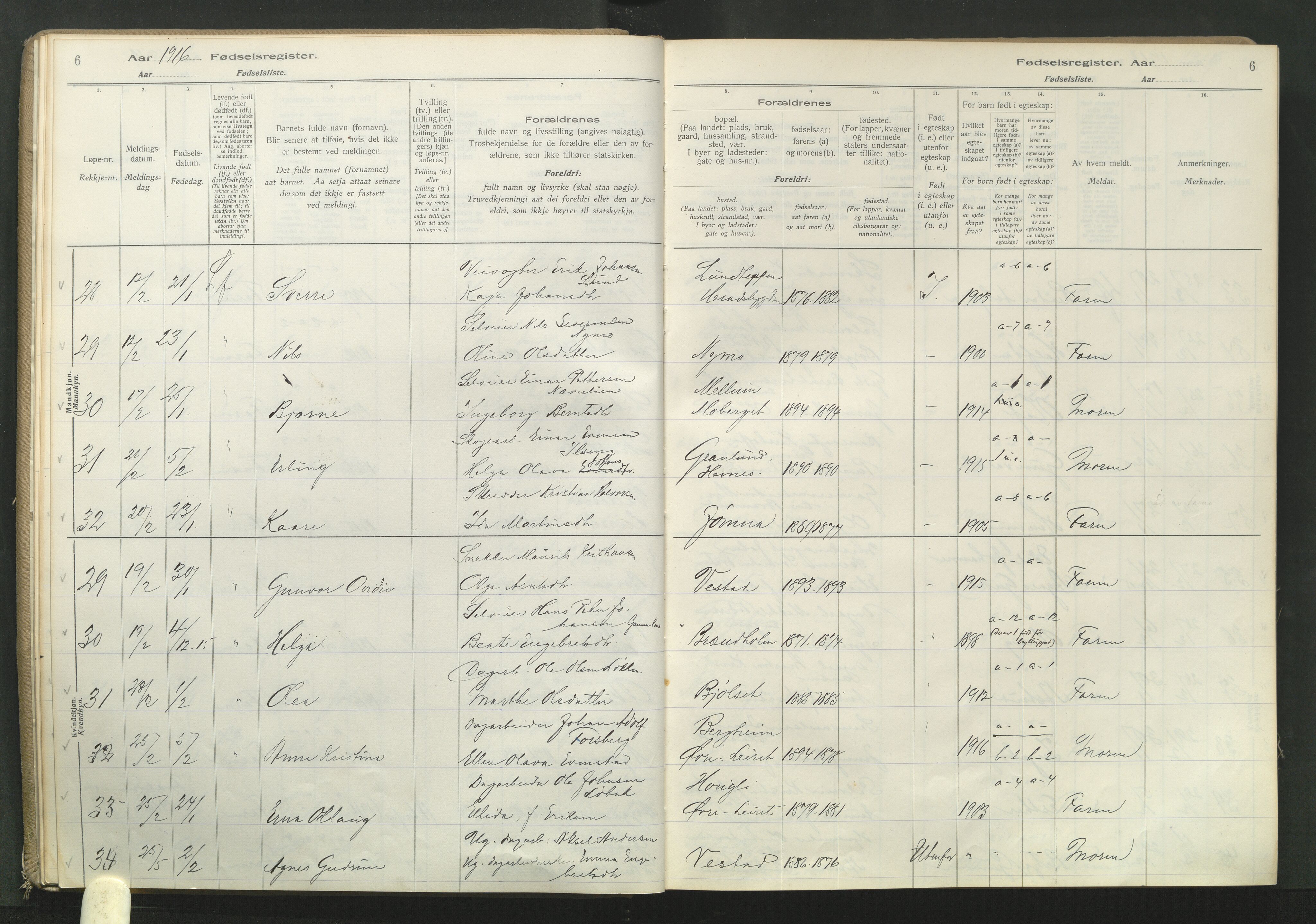 Elverum prestekontor, AV/SAH-PREST-044/I/Id/L0001: Fødselsregister nr. 1, 1916-1921