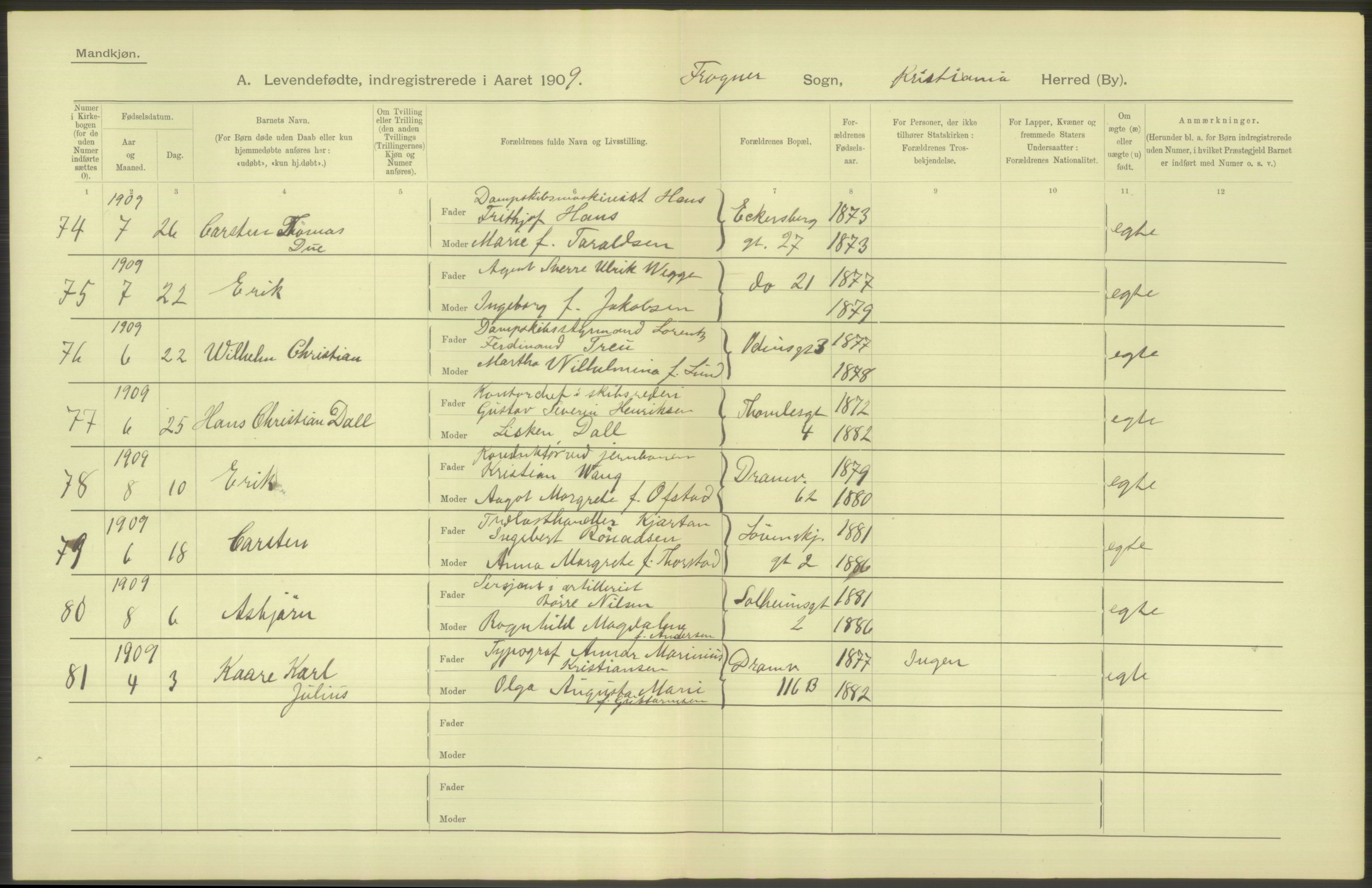 Statistisk sentralbyrå, Sosiodemografiske emner, Befolkning, RA/S-2228/D/Df/Dfa/Dfag/L0007: Kristiania: Levendefødte menn og kvinner., 1909, s. 334