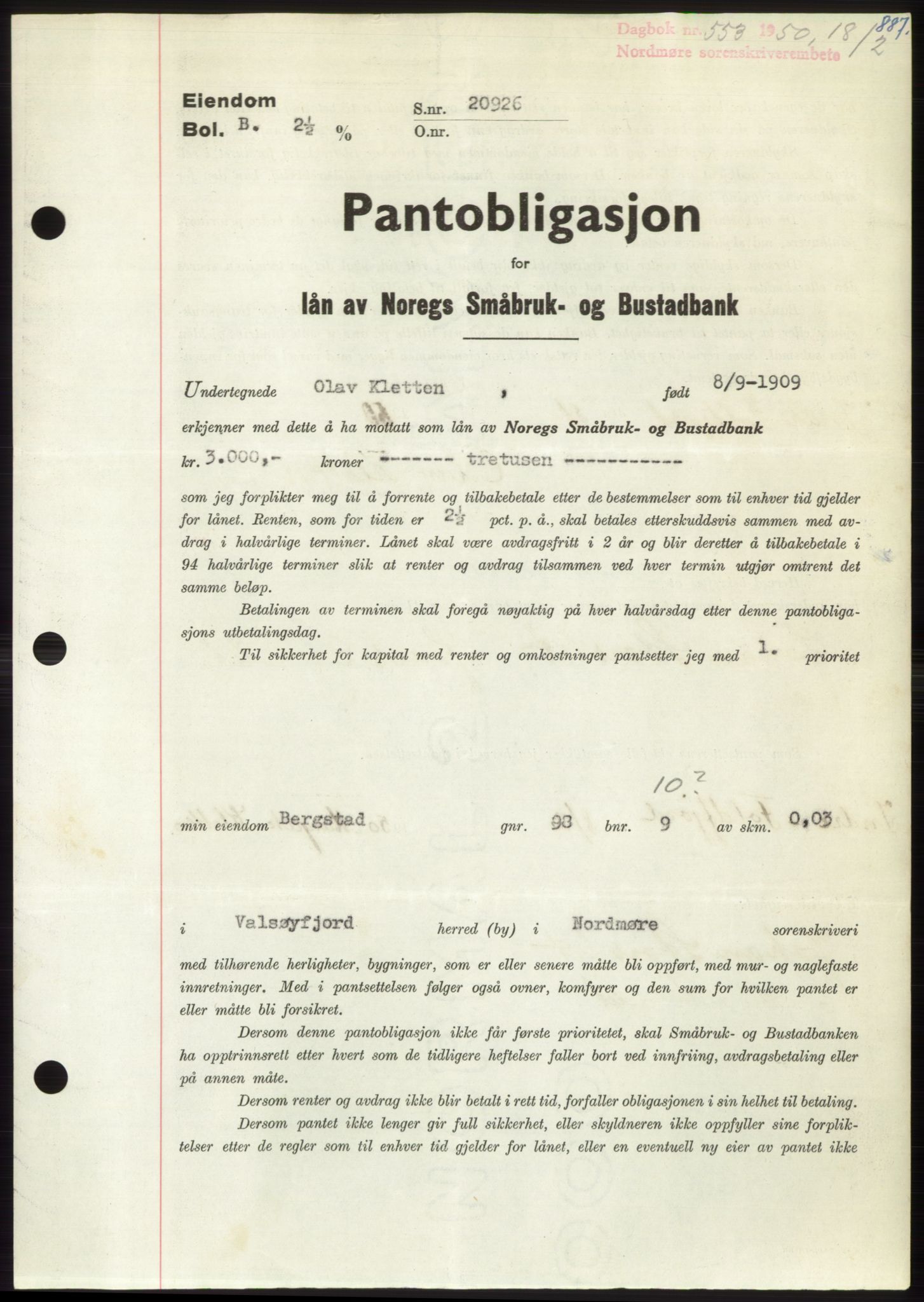 Nordmøre sorenskriveri, AV/SAT-A-4132/1/2/2Ca: Pantebok nr. B103, 1949-1950, Dagboknr: 553/1950