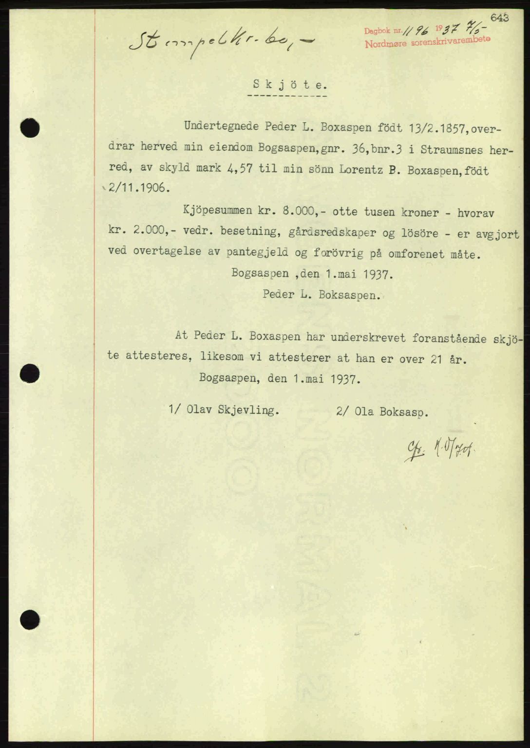 Nordmøre sorenskriveri, SAT/A-4132/1/2/2Ca: Pantebok nr. A81, 1937-1937, Dagboknr: 1196/1937