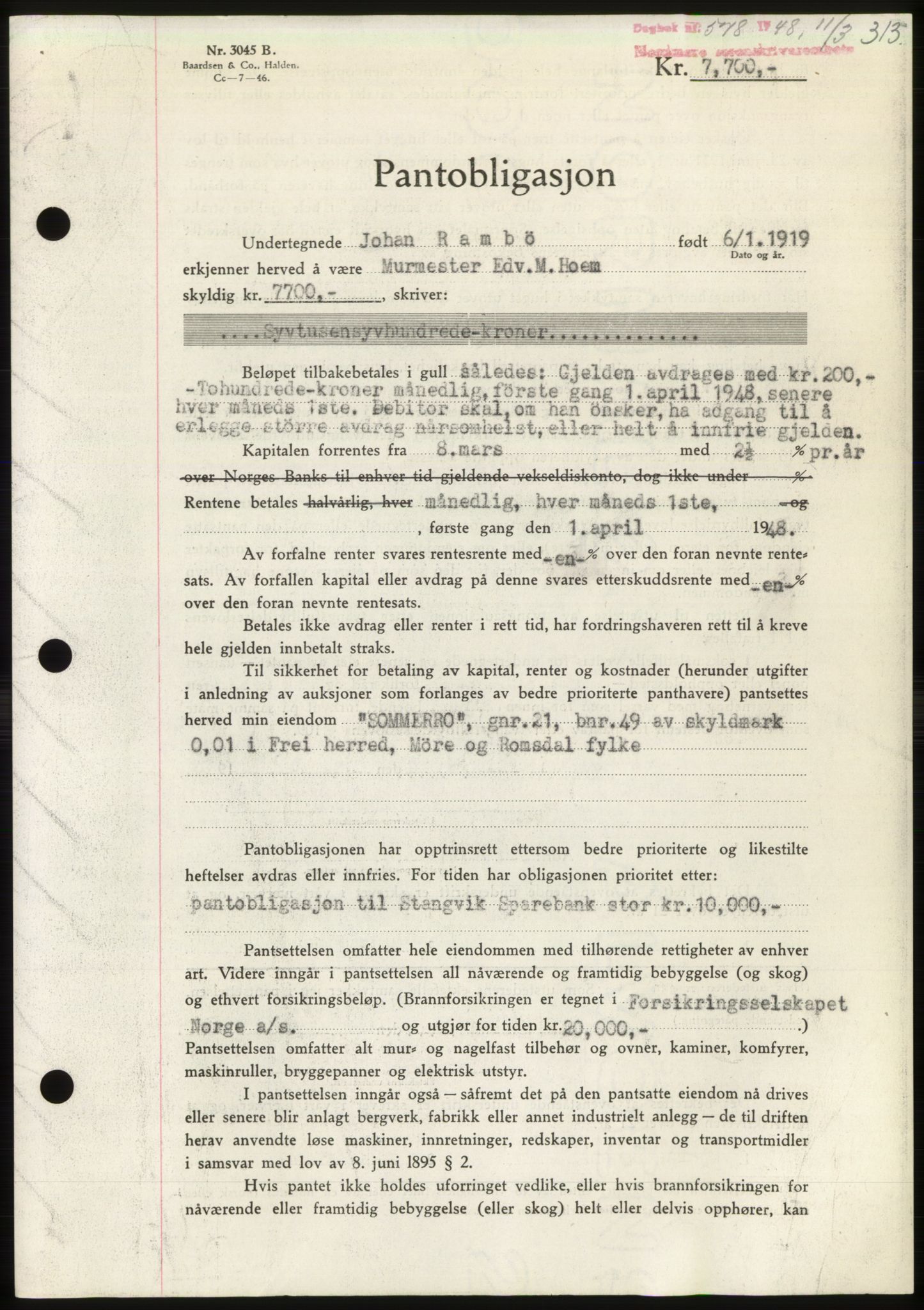 Nordmøre sorenskriveri, SAT/A-4132/1/2/2Ca: Pantebok nr. B98, 1948-1948, Dagboknr: 578/1948