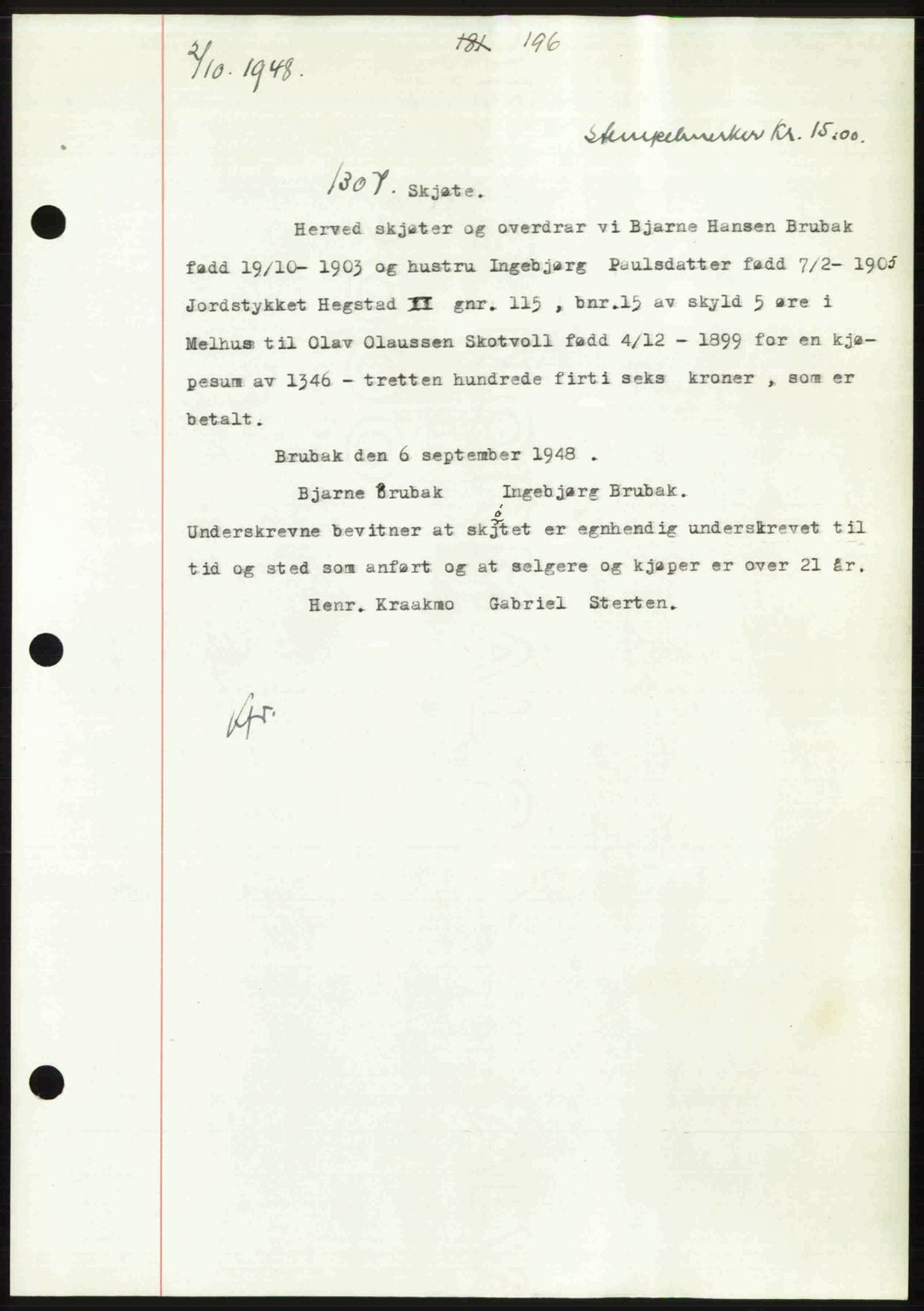 Gauldal sorenskriveri, SAT/A-0014/1/2/2C: Pantebok nr. A6, 1948-1948, Dagboknr: 1307/1948