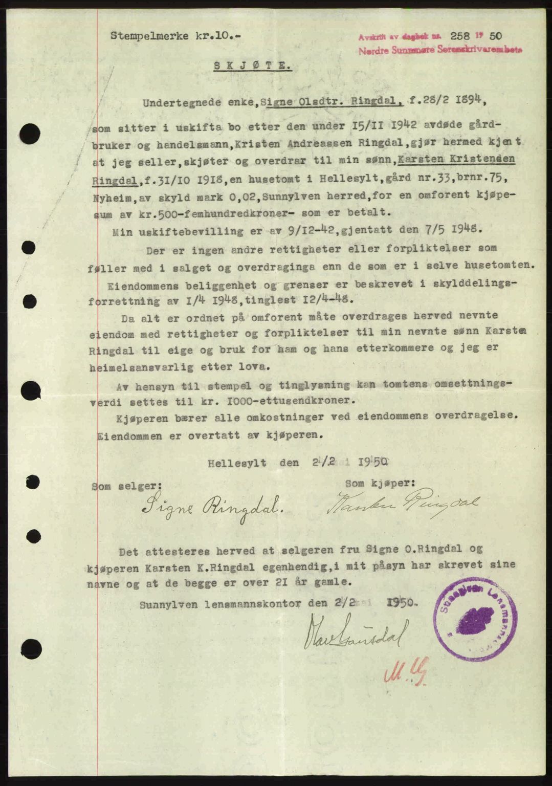 Nordre Sunnmøre sorenskriveri, AV/SAT-A-0006/1/2/2C/2Ca: Pantebok nr. A33, 1949-1950, Dagboknr: 258/1950