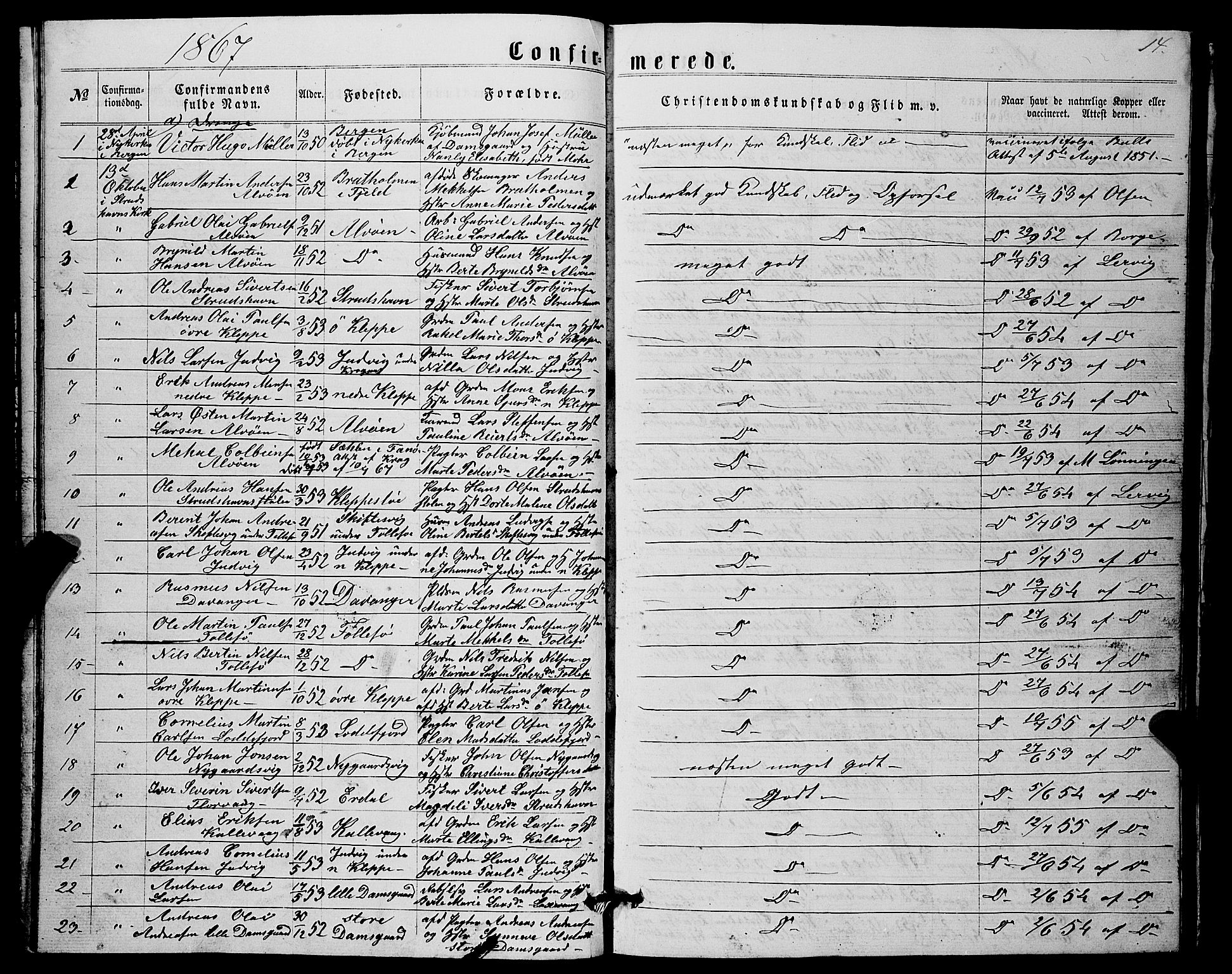 Askøy Sokneprestembete, AV/SAB-A-74101/H/Ha/Hab/Haba/L0006: Klokkerbok nr. A 6, 1861-1881, s. 14