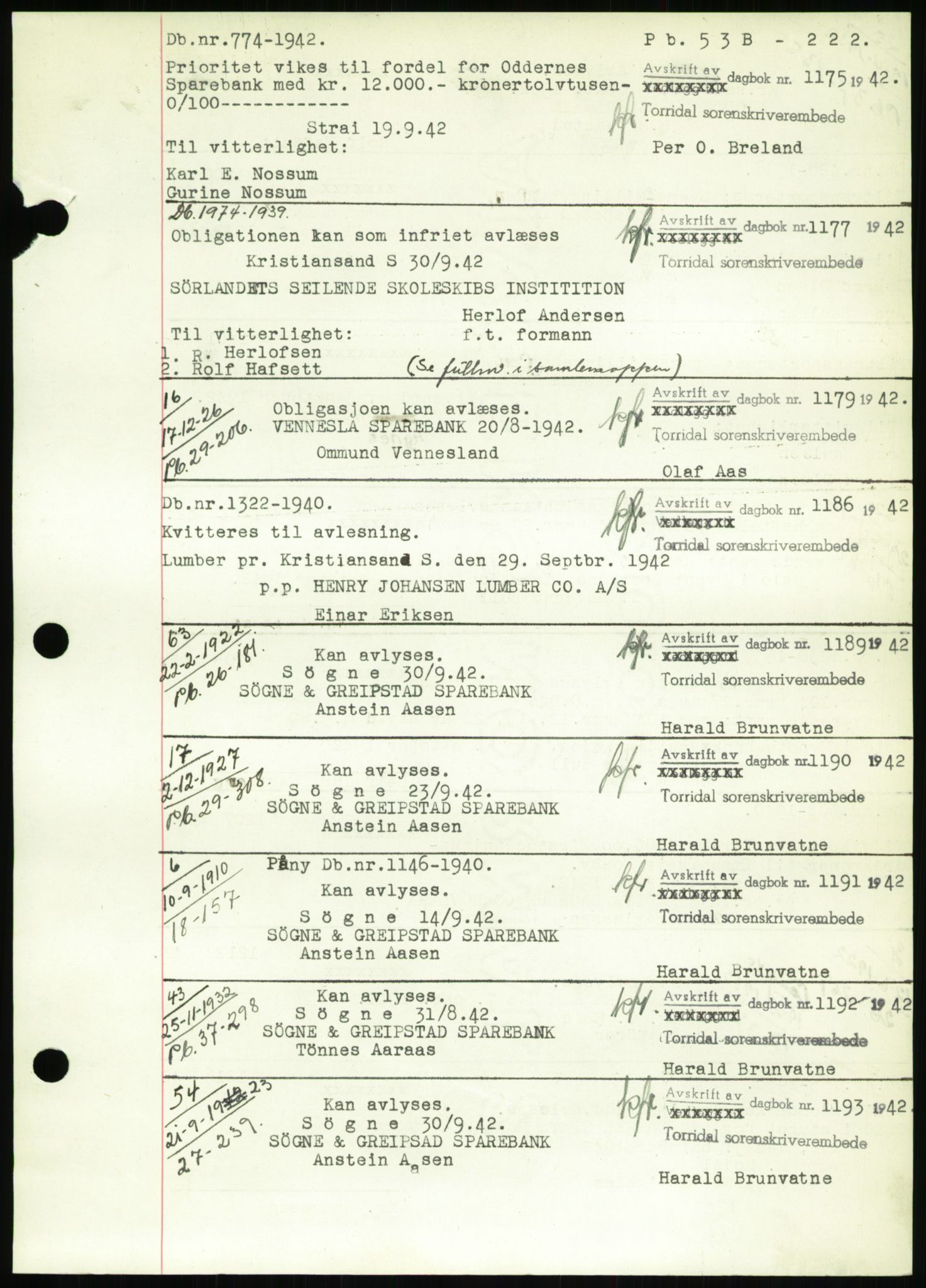 Torridal sorenskriveri, SAK/1221-0012/G/Gb/Gbb/L0009: Pantebok nr. 53b, 1942-1943, Dagboknr: 1175/1942