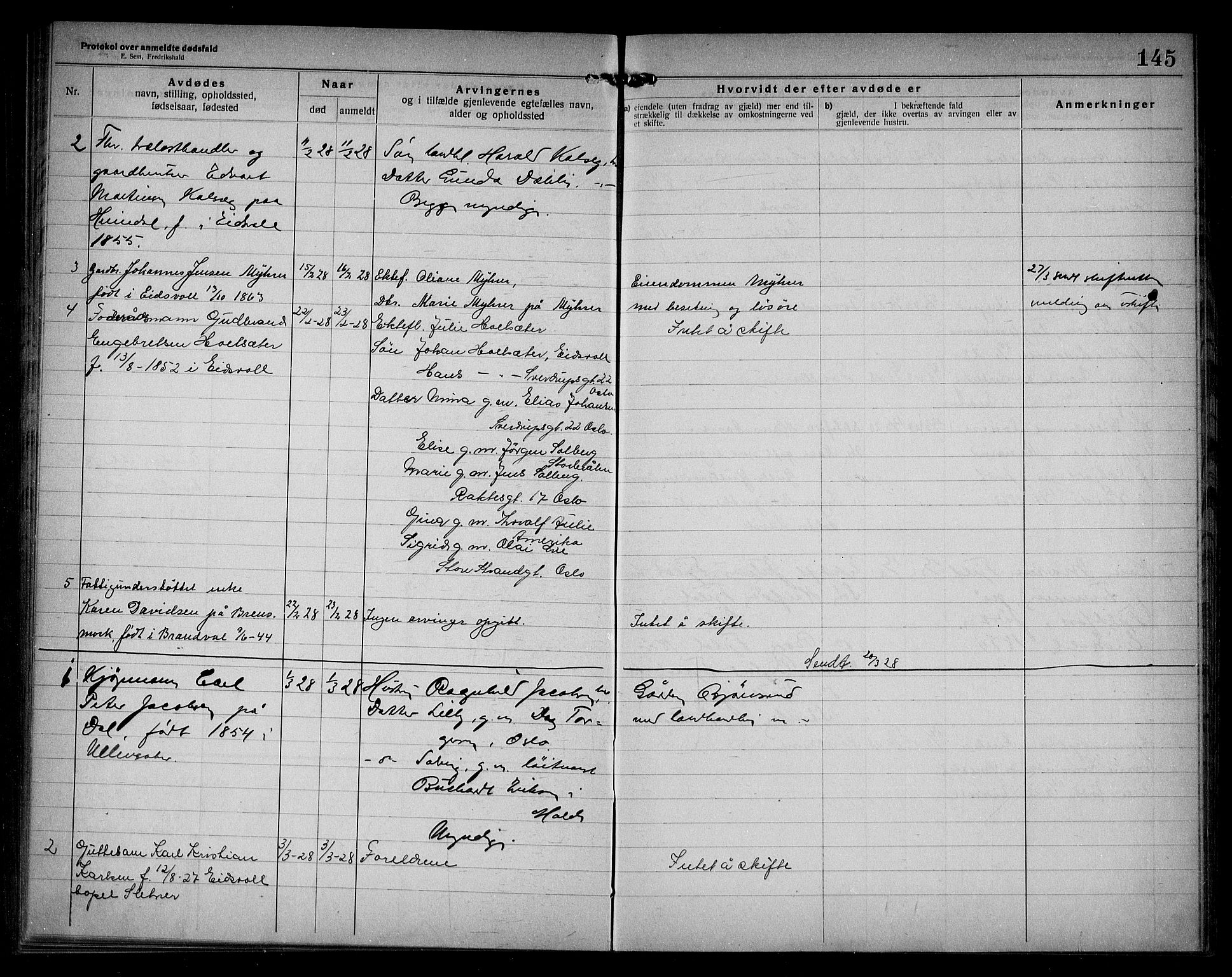 Eidsvoll lensmannskontor, AV/SAO-A-10266a/H/Ha/Haa/L0005: Dødsfallprotokoll, 1921-1930, s. 145