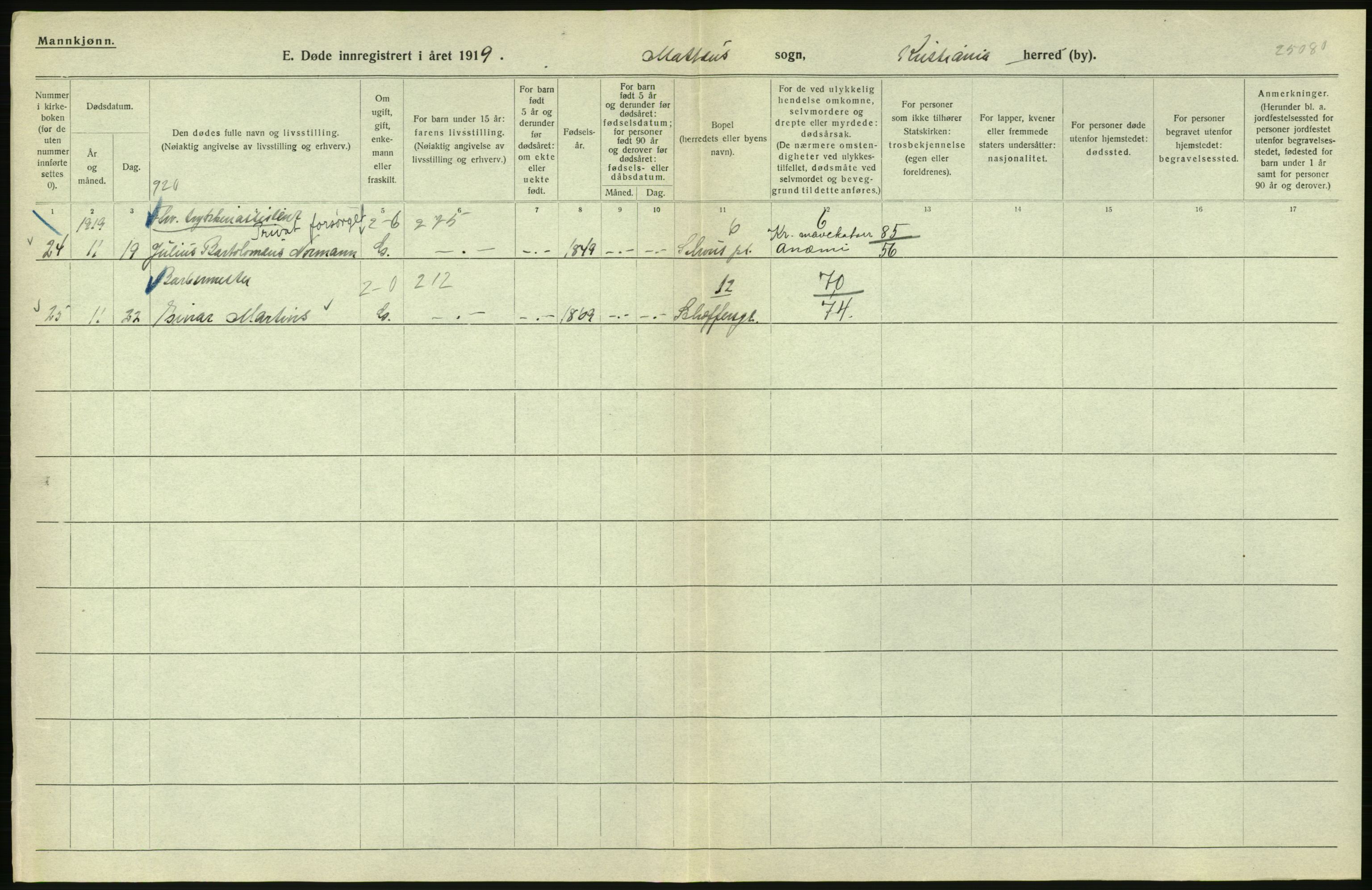 Statistisk sentralbyrå, Sosiodemografiske emner, Befolkning, RA/S-2228/D/Df/Dfb/Dfbi/L0010: Kristiania: Døde, 1919, s. 724