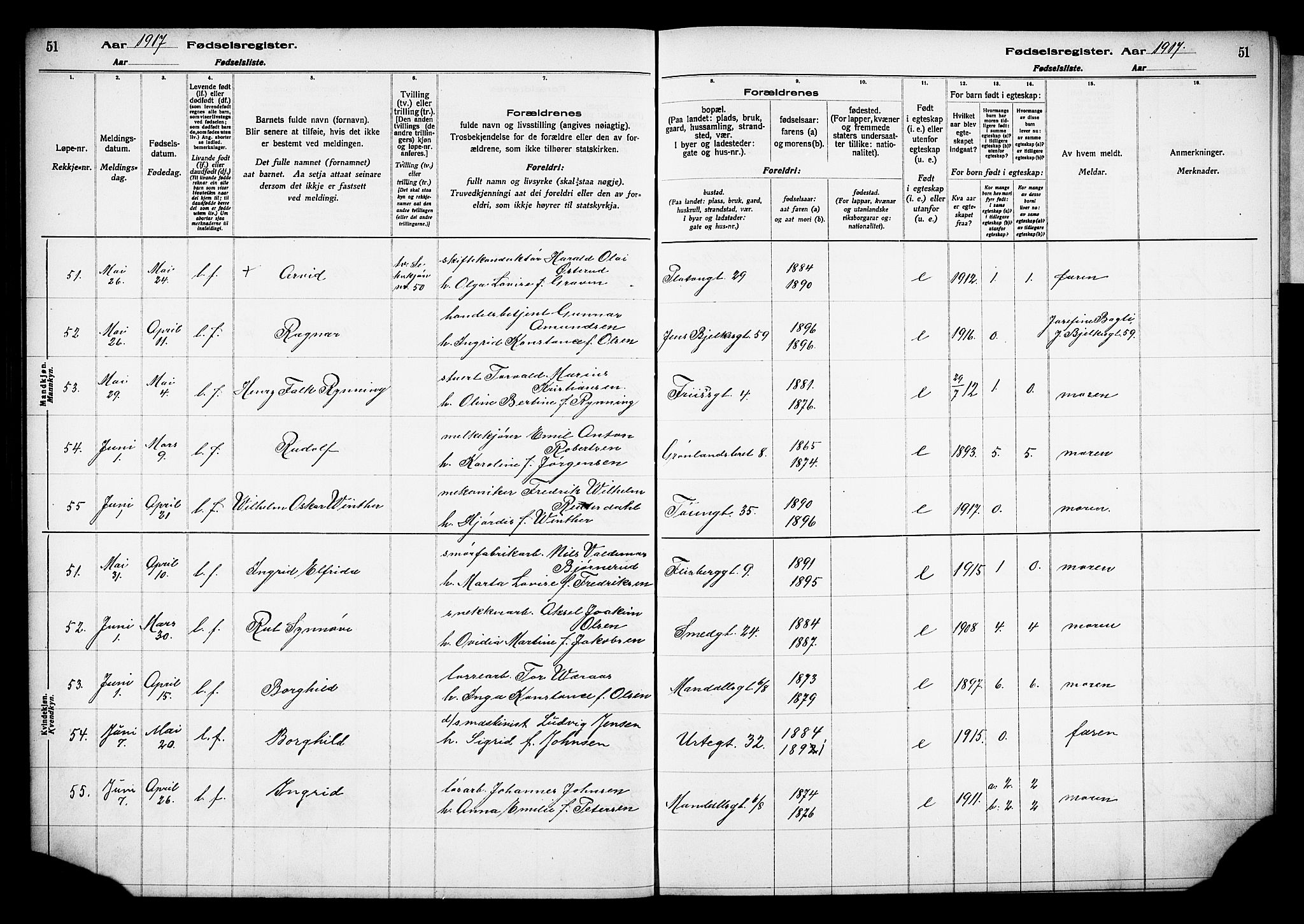 Grønland prestekontor Kirkebøker, AV/SAO-A-10848/J/Ja/L0001: Fødselsregister nr. 1, 1916-1922, s. 51