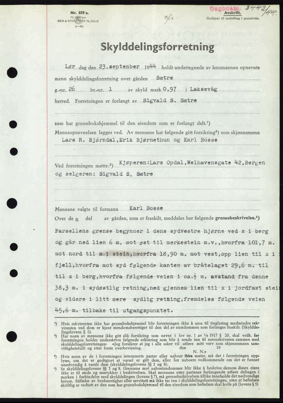 Midhordland sorenskriveri, SAB/A-3001/1/G/Gb/Gbk/L0008: Pantebok nr. A36-41, 1944-1945, Dagboknr: 3442/1944