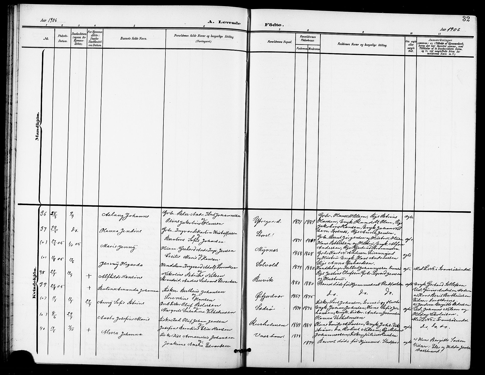 Lenvik sokneprestembete, SATØ/S-1310/H/Ha/Hab/L0022klokker: Klokkerbok nr. 22, 1901-1918, s. 32