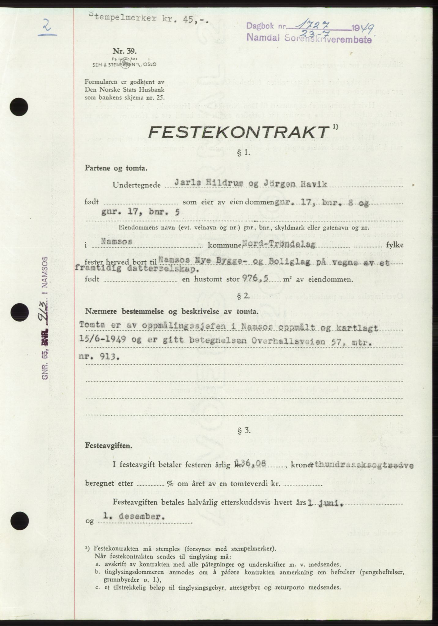 Namdal sorenskriveri, SAT/A-4133/1/2/2C: Pantebok nr. -, 1949-1949, Dagboknr: 1727/1949
