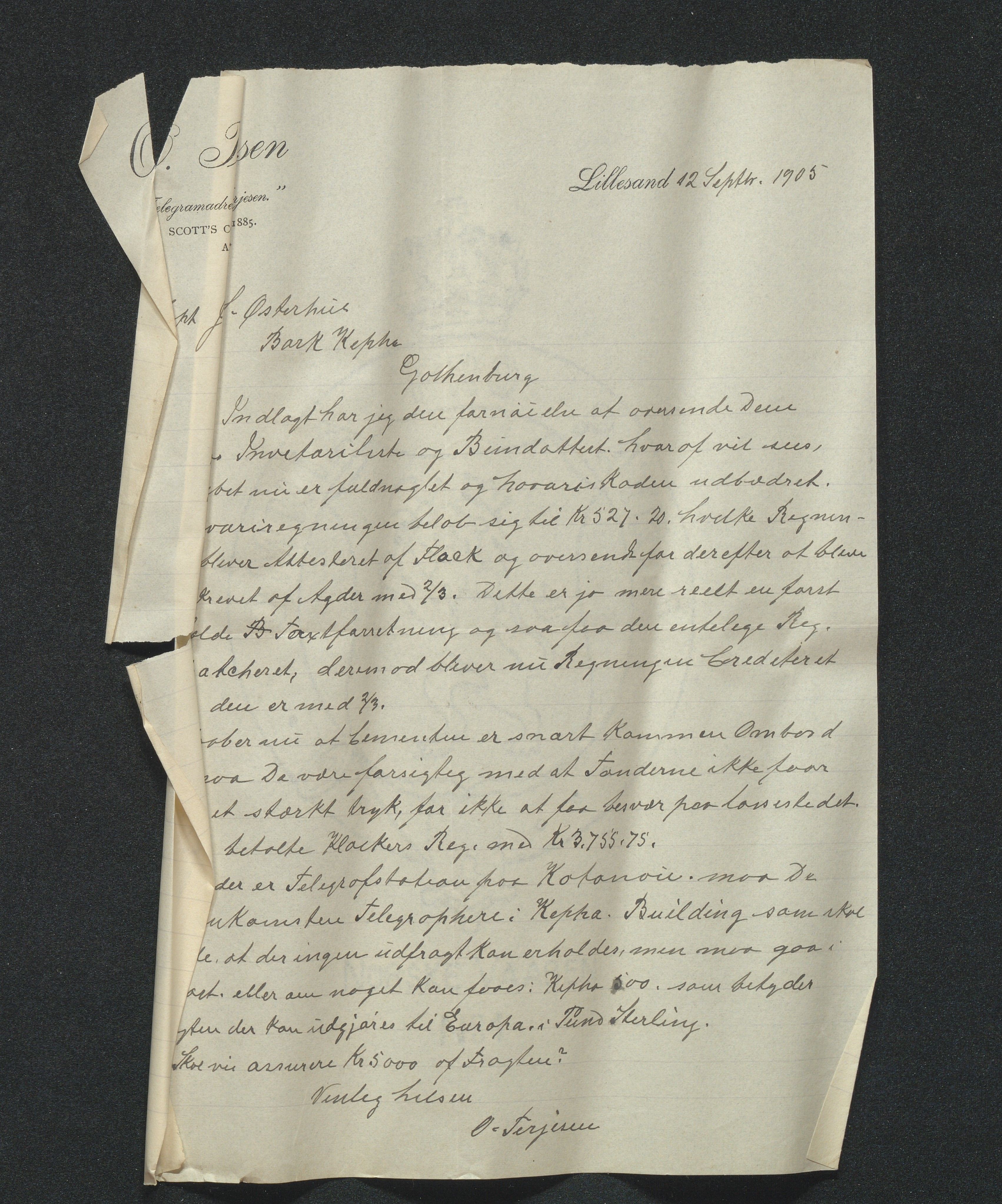 O. Terjesens rederi, AAKS/PA-2525/E/E01/L0014: Korrespondanse, 1905