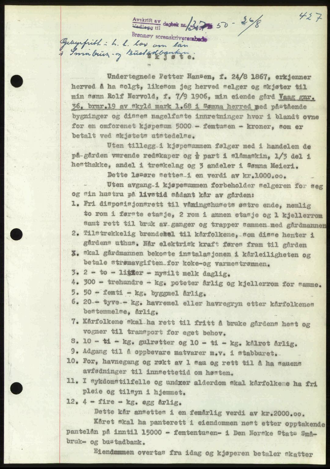 Brønnøy sorenskriveri, SAT/A-4170/1/2/2C: Pantebok nr. 36, 1950-1950, Dagboknr: 1307/1950