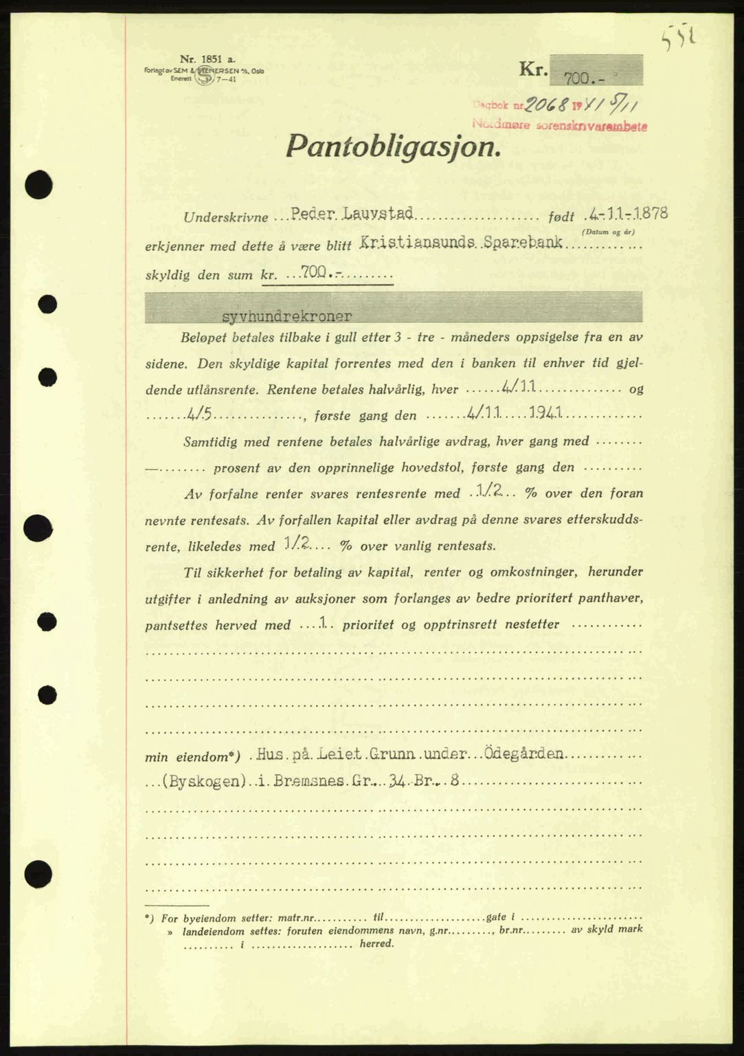 Nordmøre sorenskriveri, AV/SAT-A-4132/1/2/2Ca: Pantebok nr. B88, 1941-1942, Dagboknr: 2068/1941