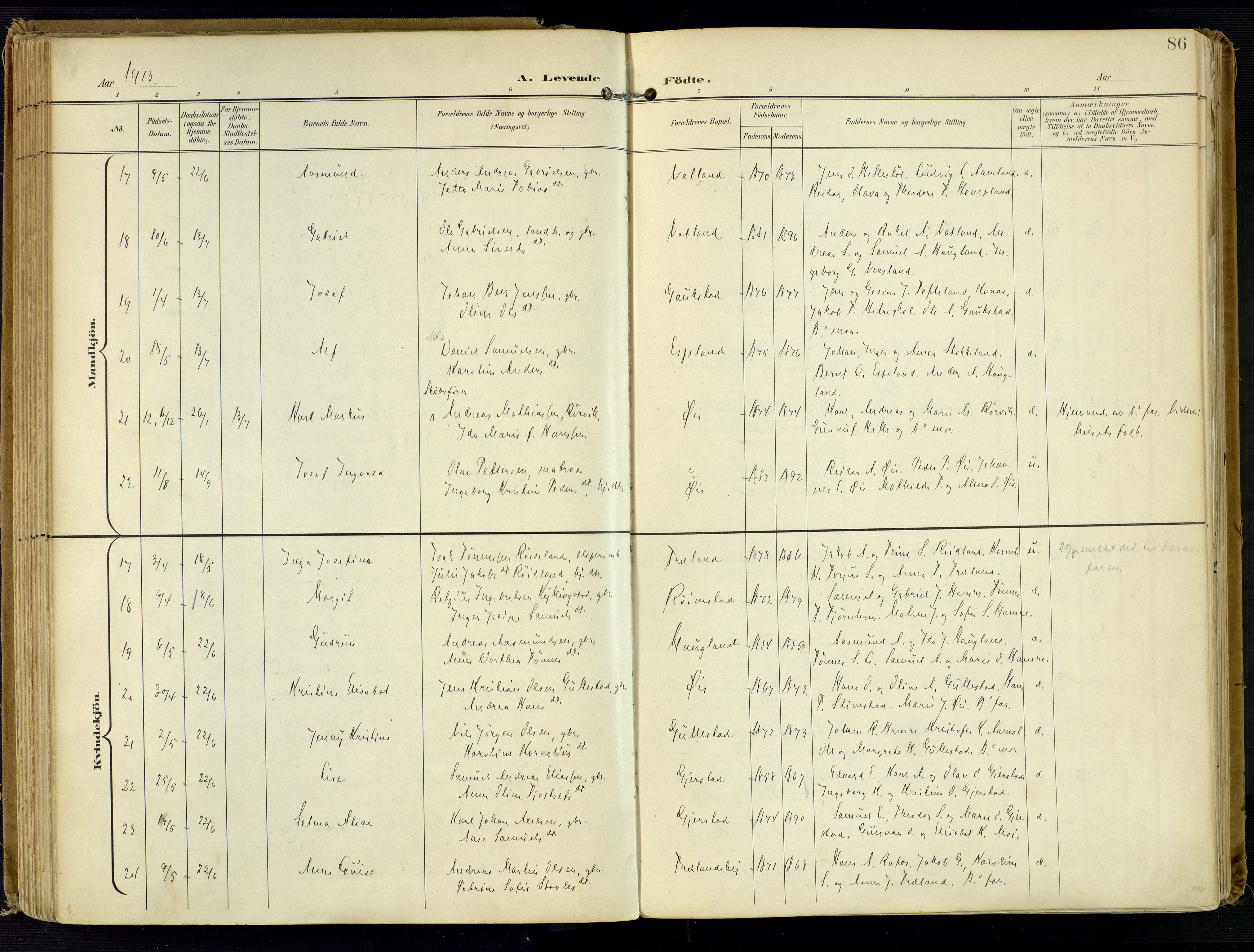 Kvinesdal sokneprestkontor, SAK/1111-0026/F/Fa/Fab/L0009: Ministerialbok nr. A 9, 1898-1915, s. 86