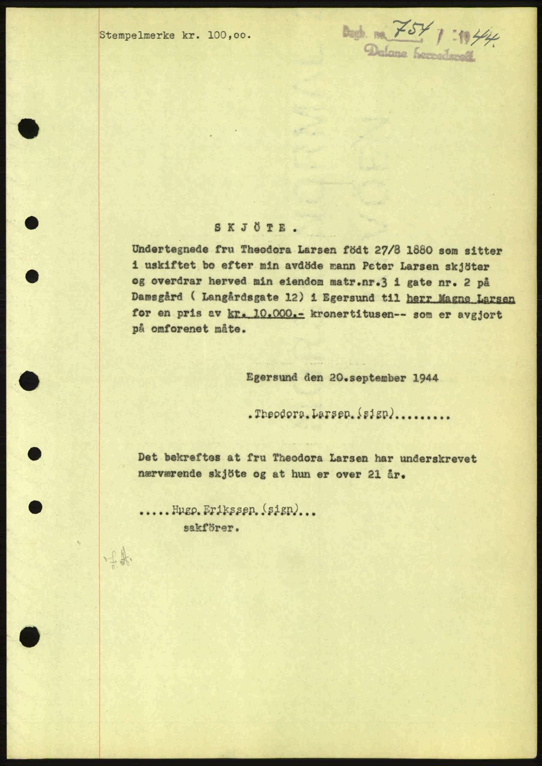 Dalane sorenskriveri, SAST/A-100309/02/G/Gb/L0047: Pantebok nr. A8 I, 1944-1945, Dagboknr: 754/1944