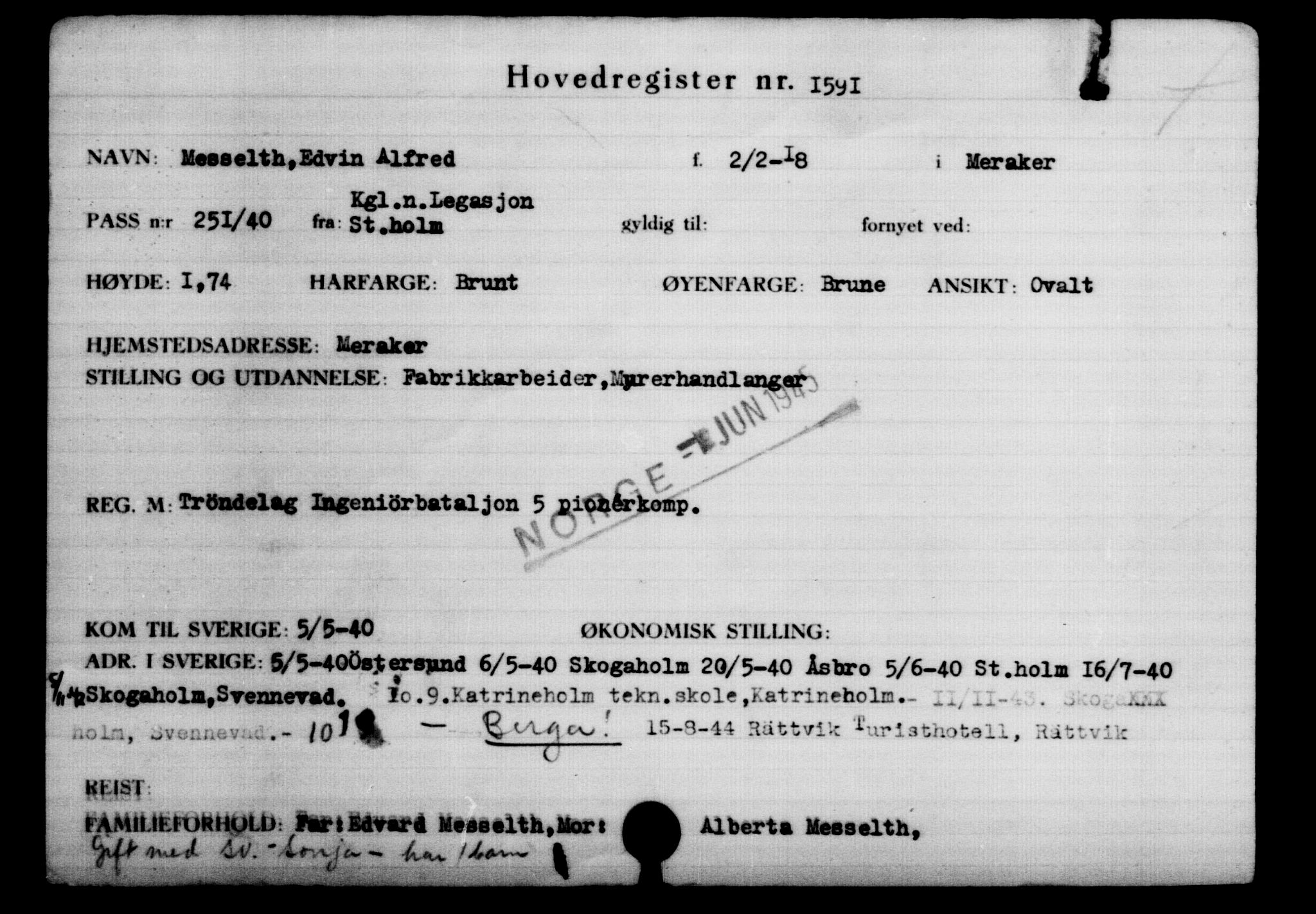 Utenriksstasjonene, Legasjonen i Stockholm, Flyktningkontoret, AV/RA-S-6753/V/Va/L0002: Kjesäterkartoteket, flyktninger med registreringsnr. 1001-2000, 1940-1945, s. 845