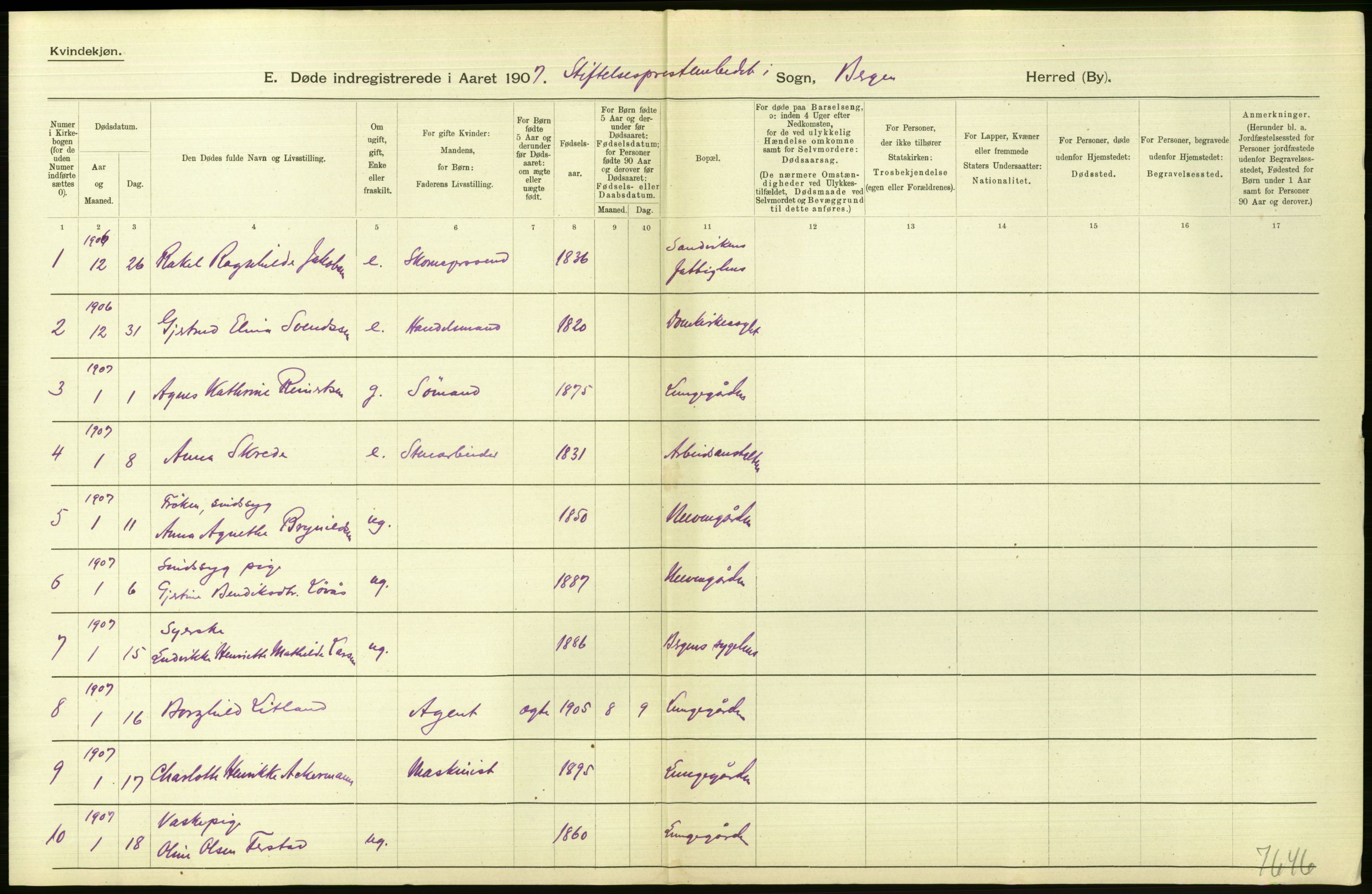 Statistisk sentralbyrå, Sosiodemografiske emner, Befolkning, AV/RA-S-2228/D/Df/Dfa/Dfae/L0031: Bergen: gifte, døde, dødfødte., 1907, s. 174