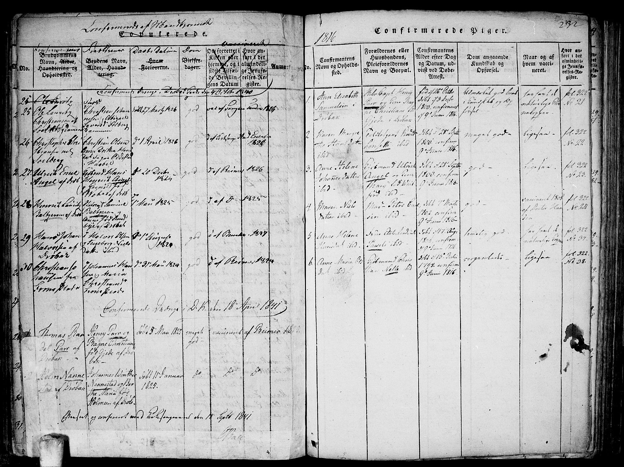 Drøbak prestekontor Kirkebøker, SAO/A-10142a/F/Fa/L0001: Ministerialbok nr. I 1, 1816-1842, s. 232
