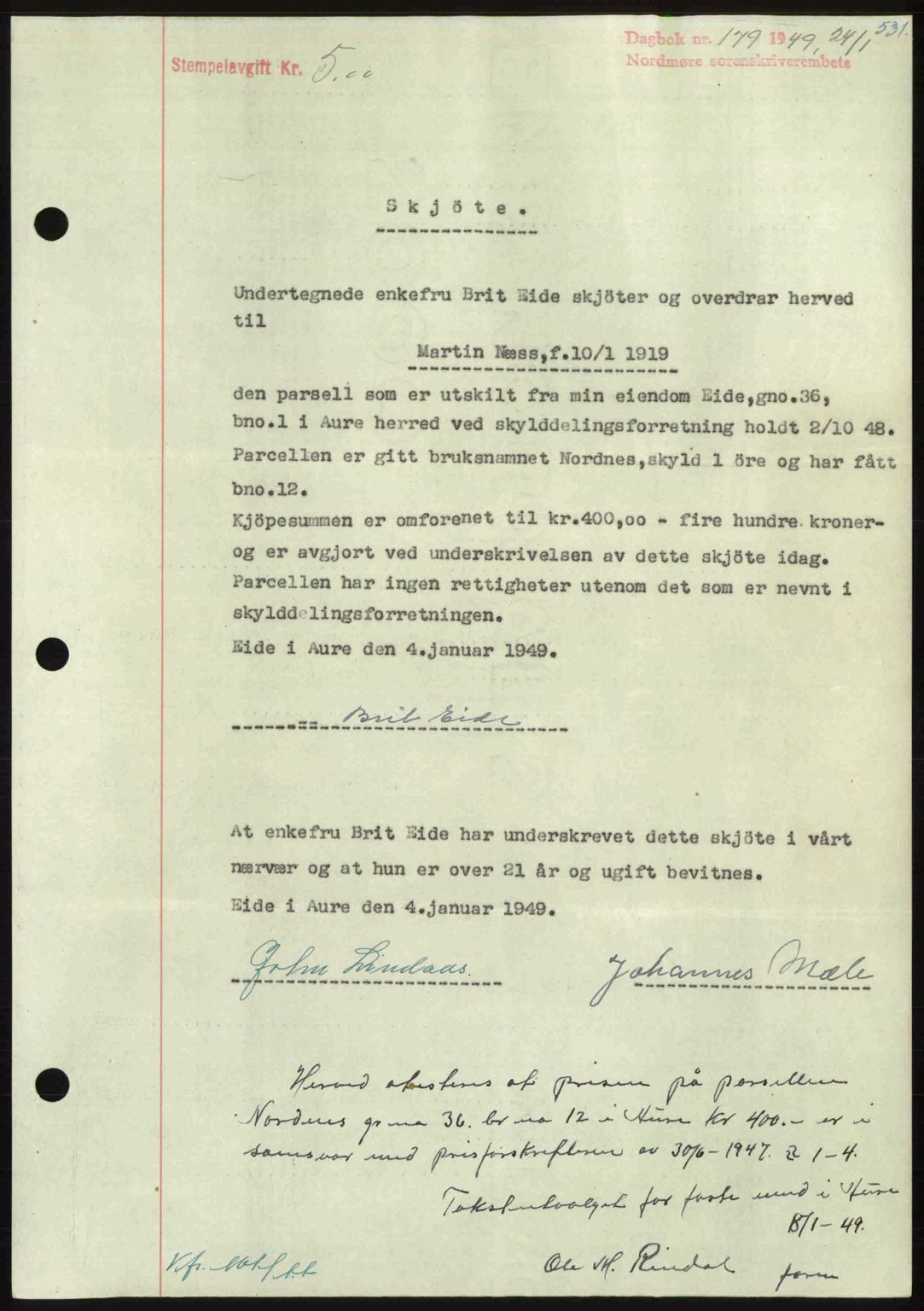Nordmøre sorenskriveri, SAT/A-4132/1/2/2Ca: Pantebok nr. A110, 1948-1949, Dagboknr: 179/1949