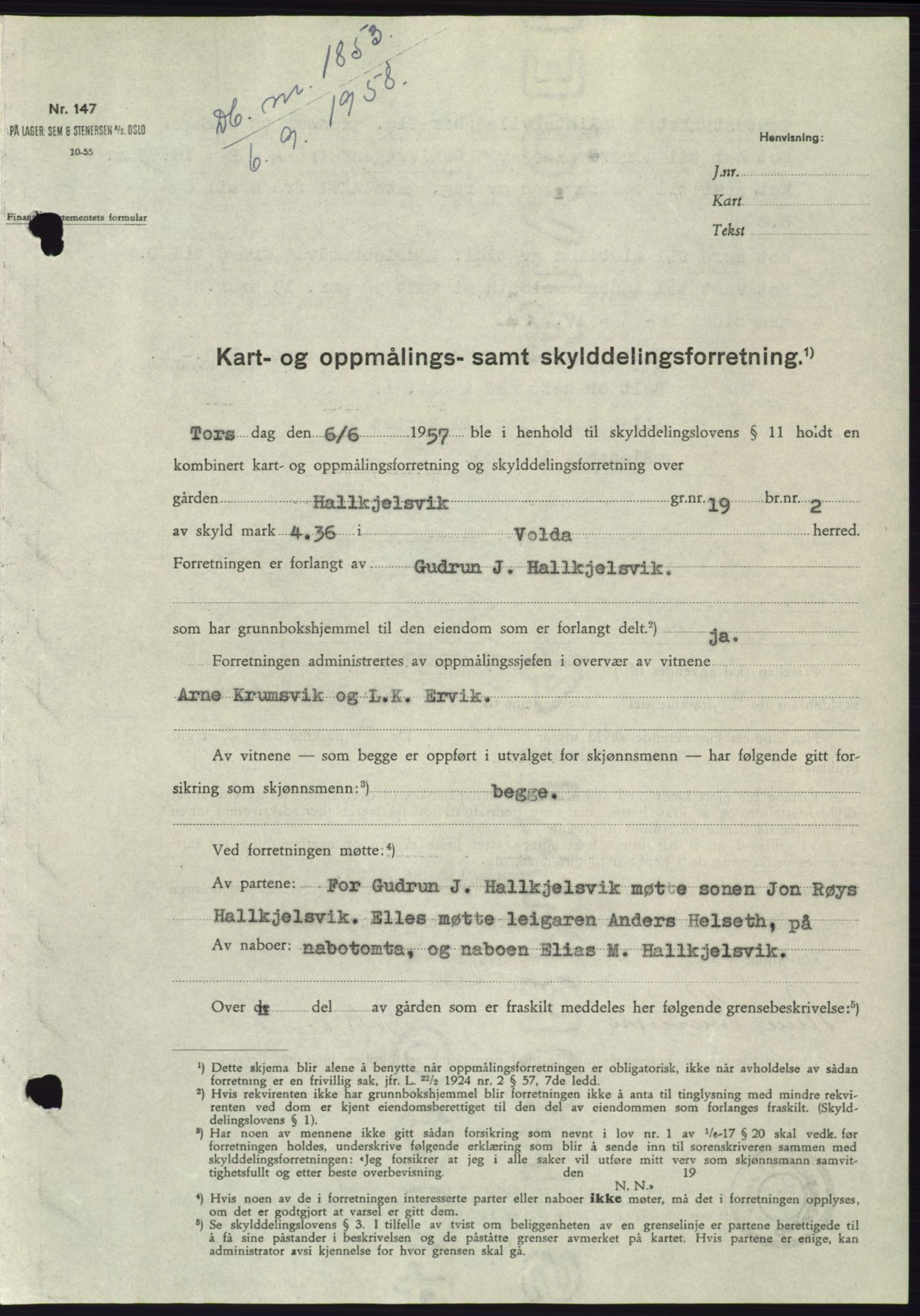 Søre Sunnmøre sorenskriveri, AV/SAT-A-4122/1/2/2C/L0110: Pantebok nr. 36A, 1958-1958, Dagboknr: 1853/1958