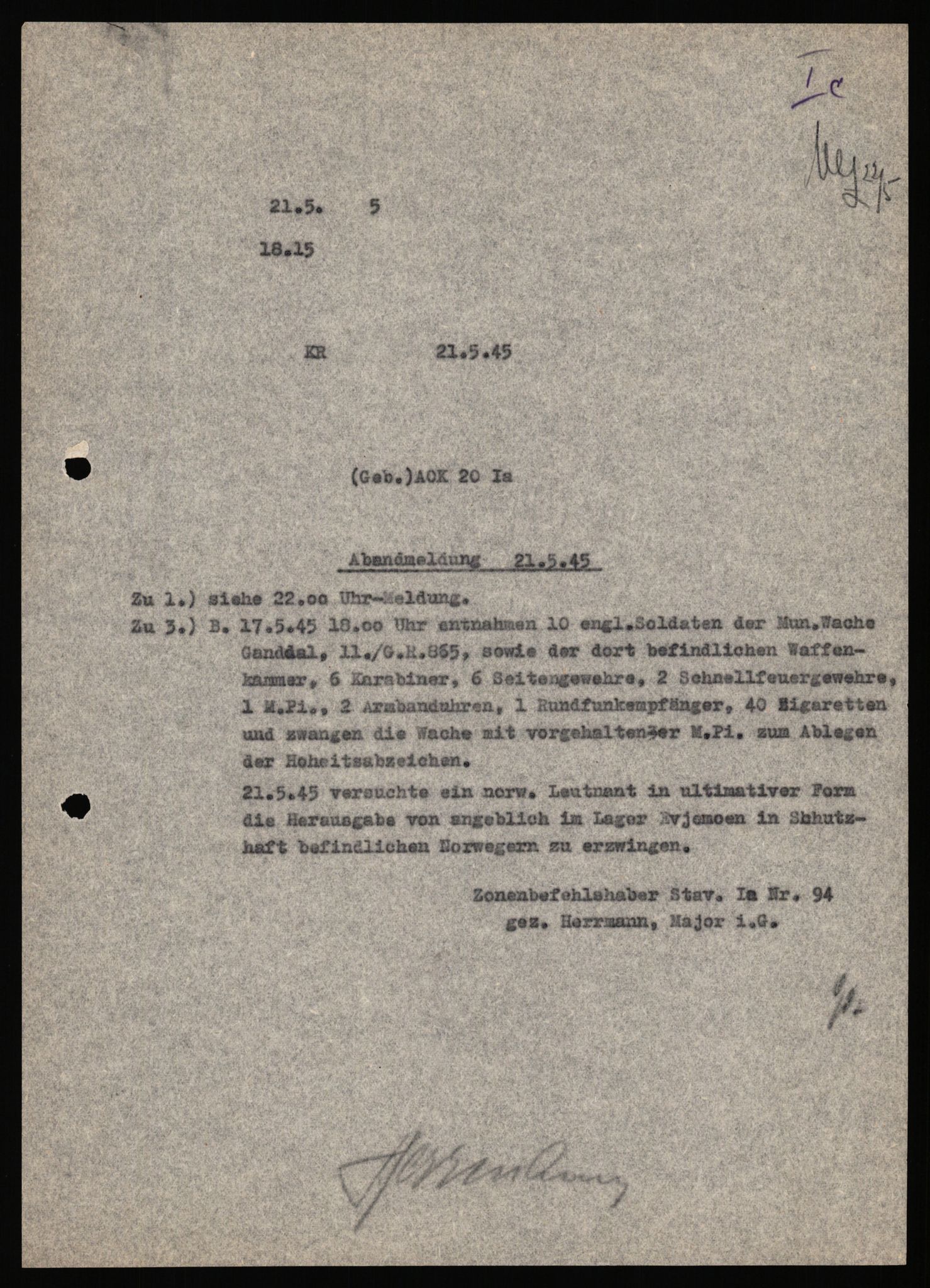 Deutscher Oberbefehlshaber Norwegen (DOBN), AV/RA-RAFA-2197/D/Dl/L0119: DB Zone Stavanger Abt. Ic, 1945, s. 425