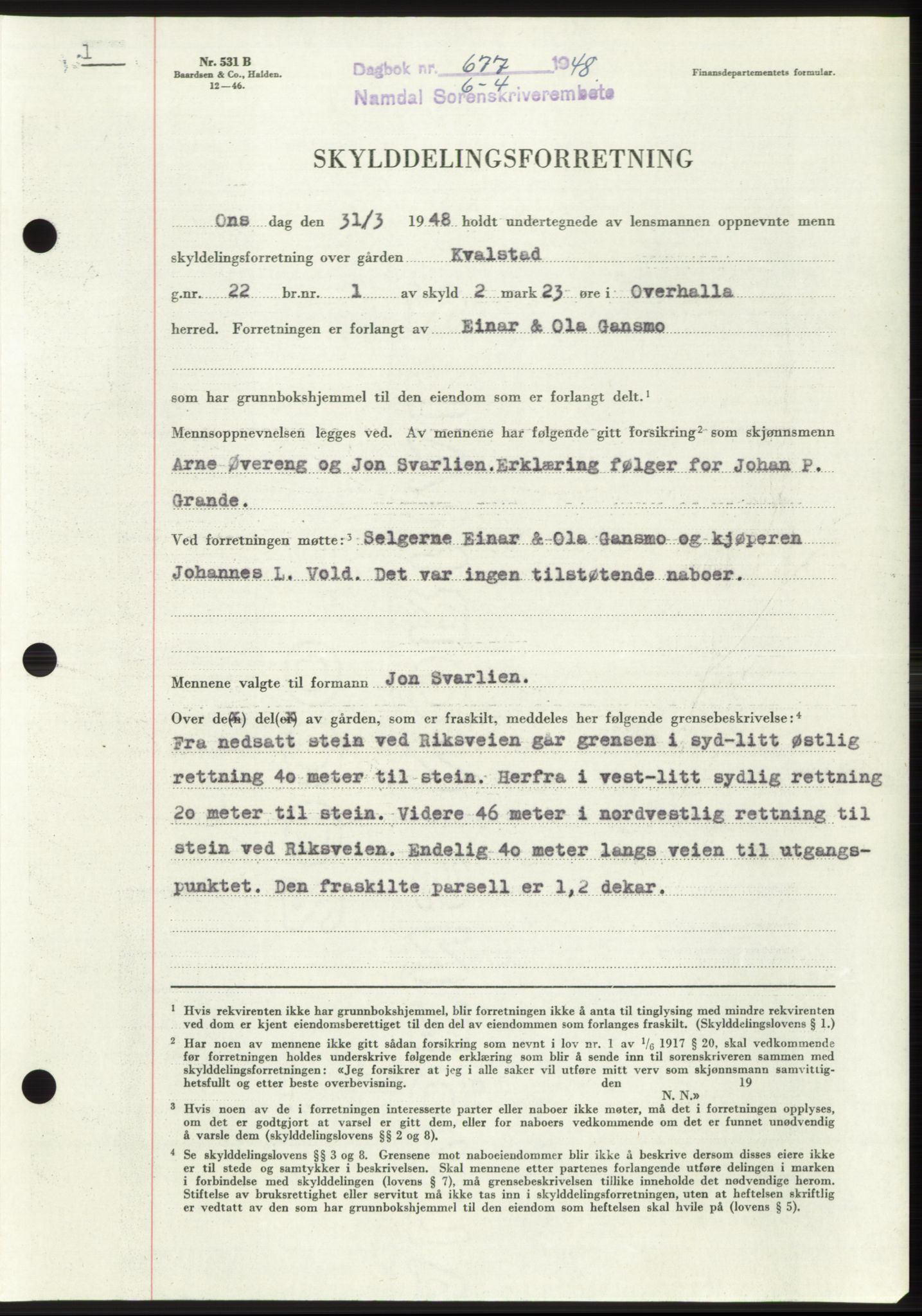 Namdal sorenskriveri, SAT/A-4133/1/2/2C: Pantebok nr. -, 1947-1948, Dagboknr: 677/1948