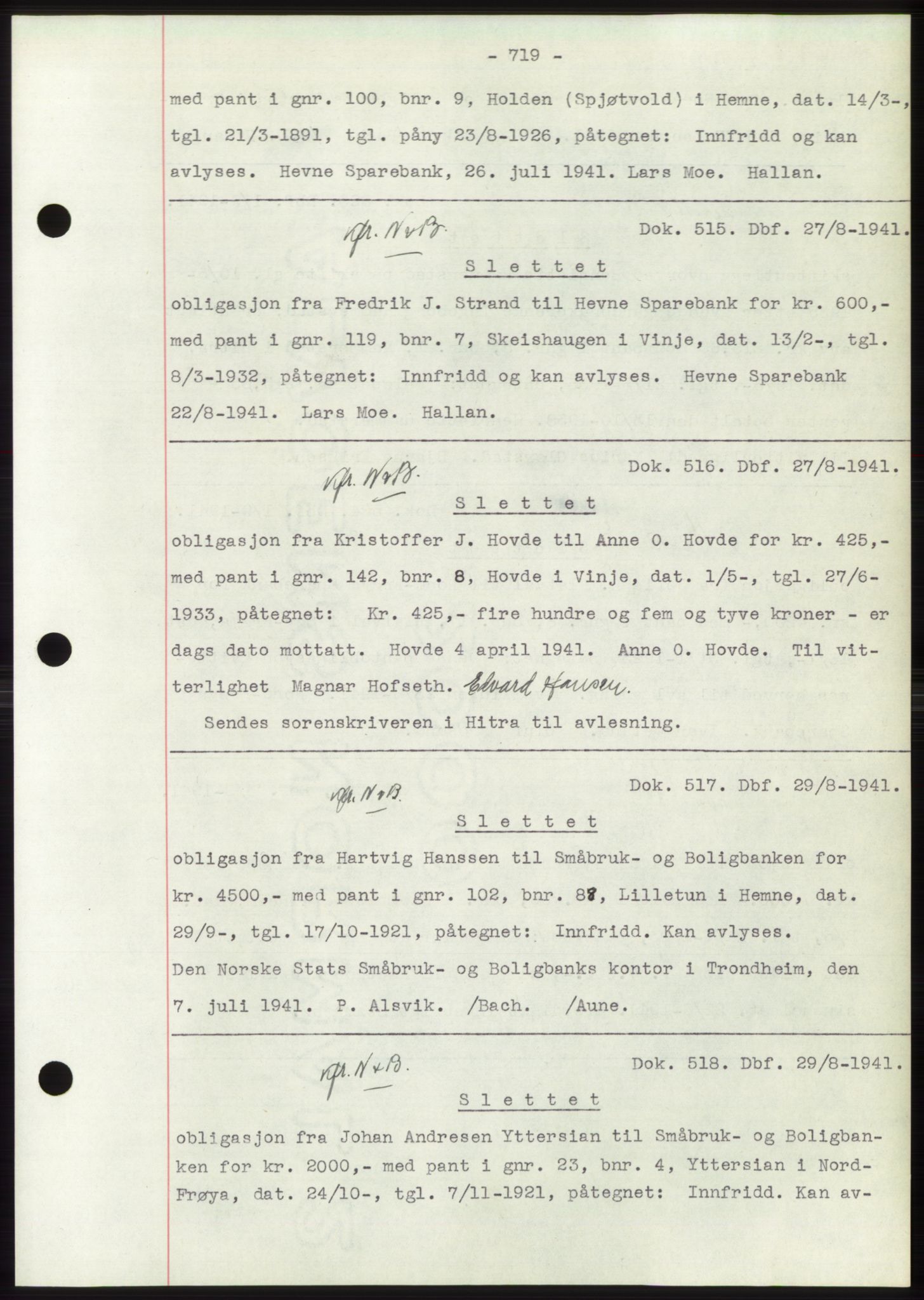 Hitra sorenskriveri, AV/SAT-A-0018/2/2C/2Ca: Pantebok nr. C1, 1936-1945, Dagboknr: 515/1941