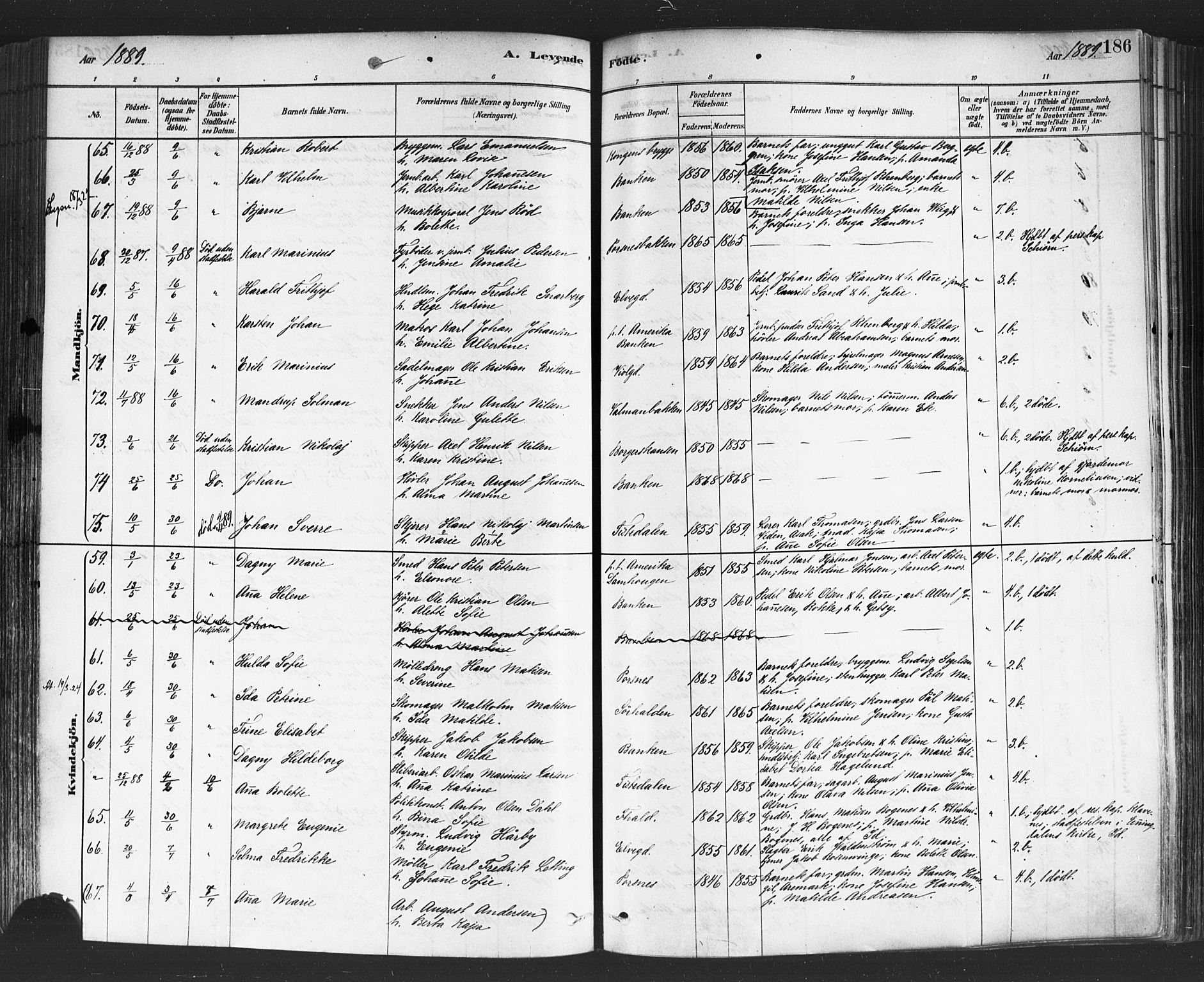 Halden prestekontor Kirkebøker, AV/SAO-A-10909/F/Fa/L0011: Ministerialbok nr. I 11, 1878-1889, s. 186