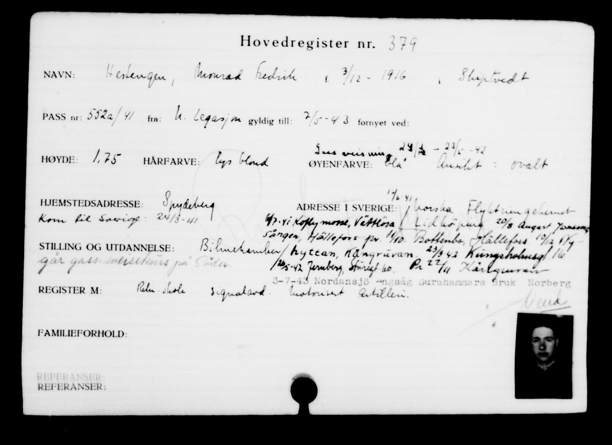 Utenriksstasjonene, Legasjonen i Stockholm, Flyktningkontoret, AV/RA-S-6753/V/Va/L0001: Kjesäterkartoteket, flyktninger med registreringsnr. 1-1000, 1940-1945, s. 597