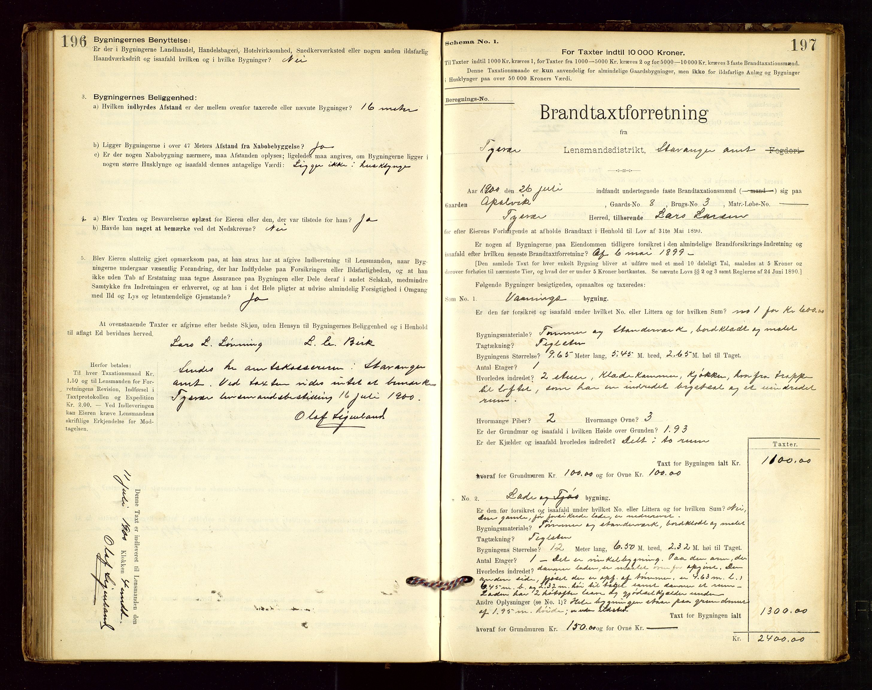 Tysvær lensmannskontor, AV/SAST-A-100192/Gob/L0001: "Brandtaxationsprotokol for Tysvær Lensmandsdistrikt Ryfylke Fogderi", 1894-1916, s. 196-197