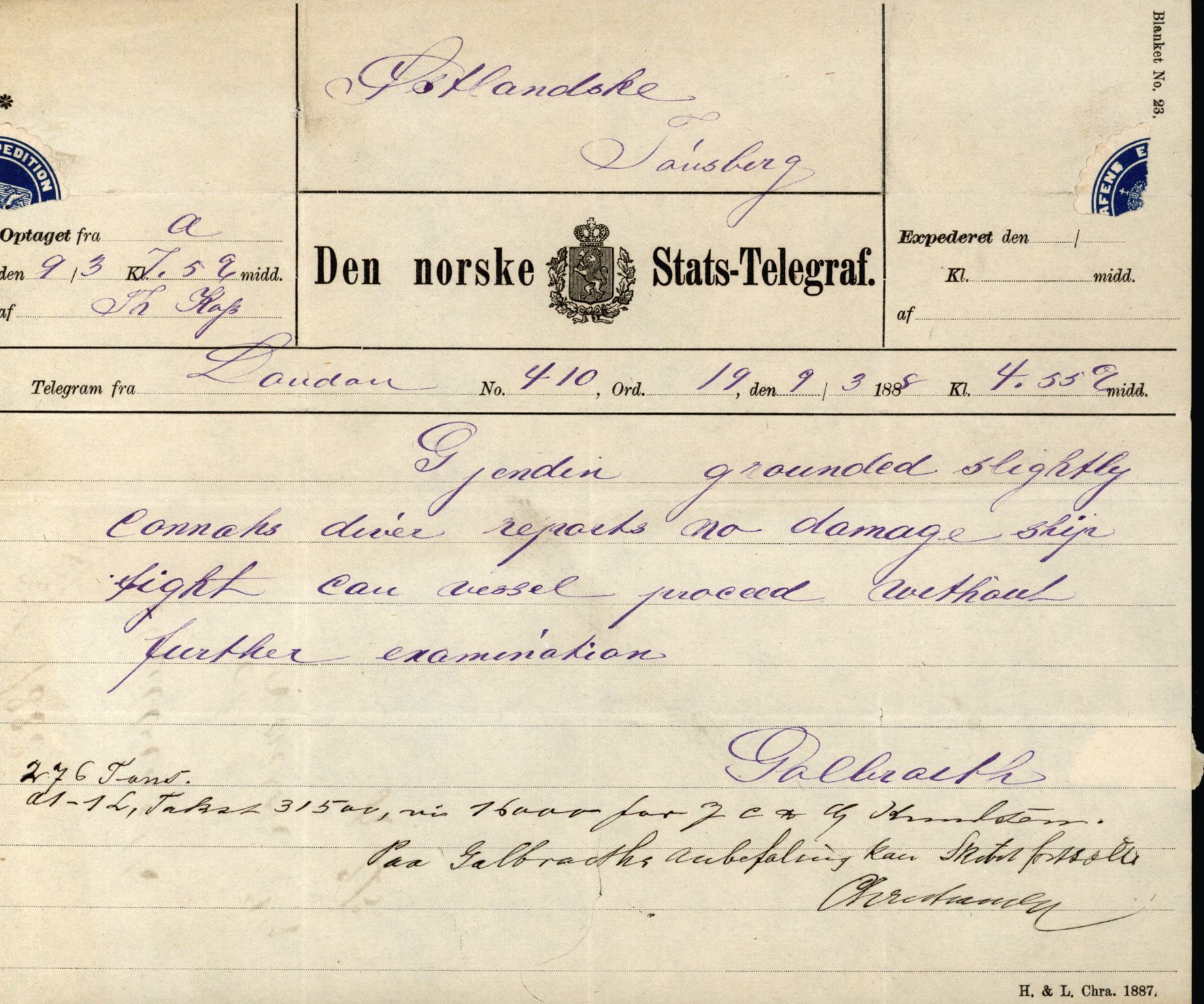 Pa 63 - Østlandske skibsassuranceforening, VEMU/A-1079/G/Ga/L0022/0005: Havaridokumenter / Gjendin, Gibraltar, Granen, 1888, s. 5