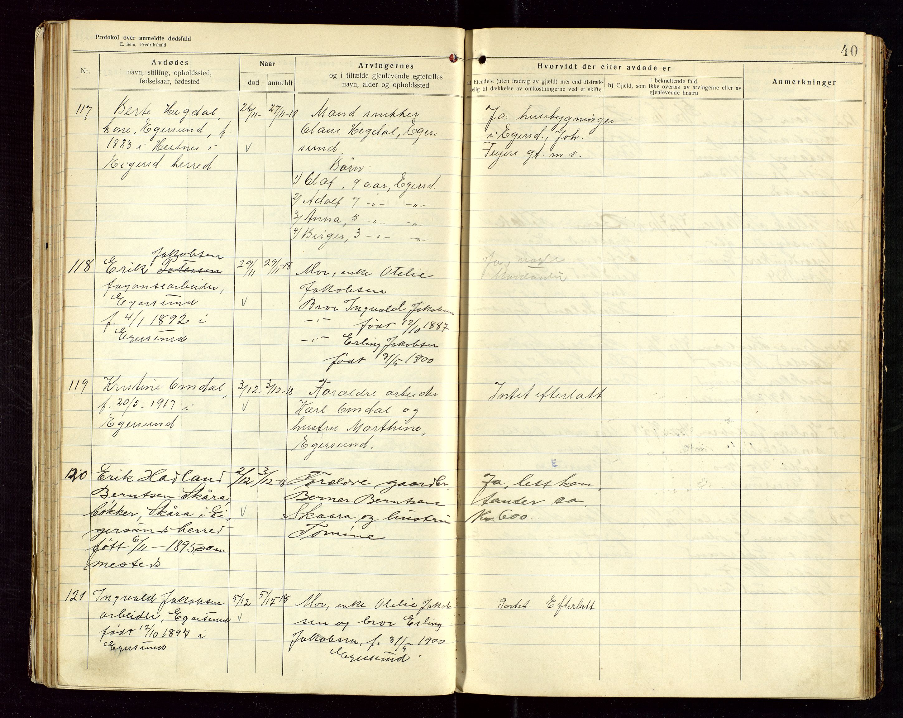 Eigersund lensmannskontor, AV/SAST-A-100171/Gga/L0007: "Protokol over anmeldte dødsfald" m/alfabetisk navneregister, 1917-1920, s. 40