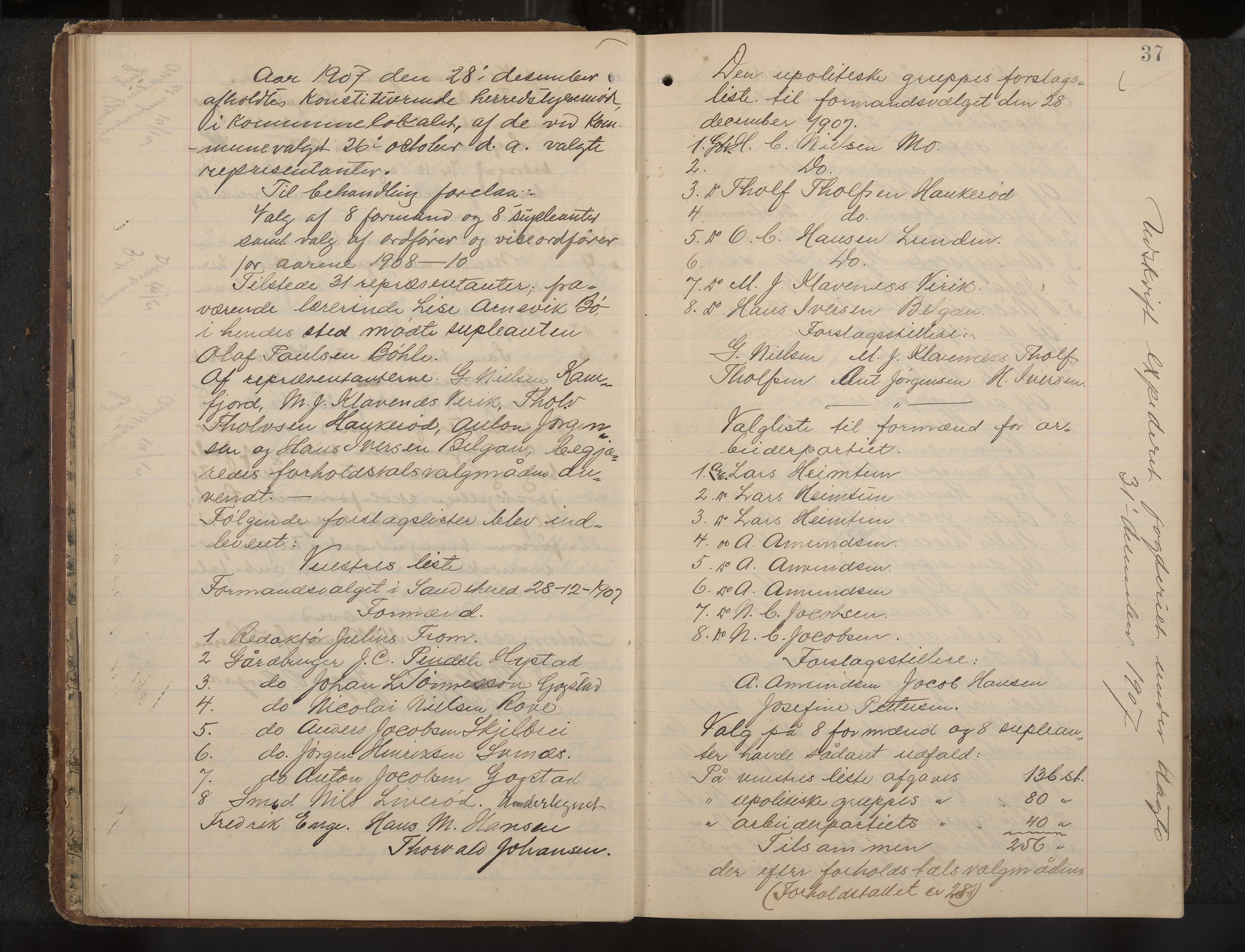 Sandar formannskap og sentraladministrasjon, IKAK/0724021/A/Aa/L0004: Møtebok med register, 1907-1914, s. 37