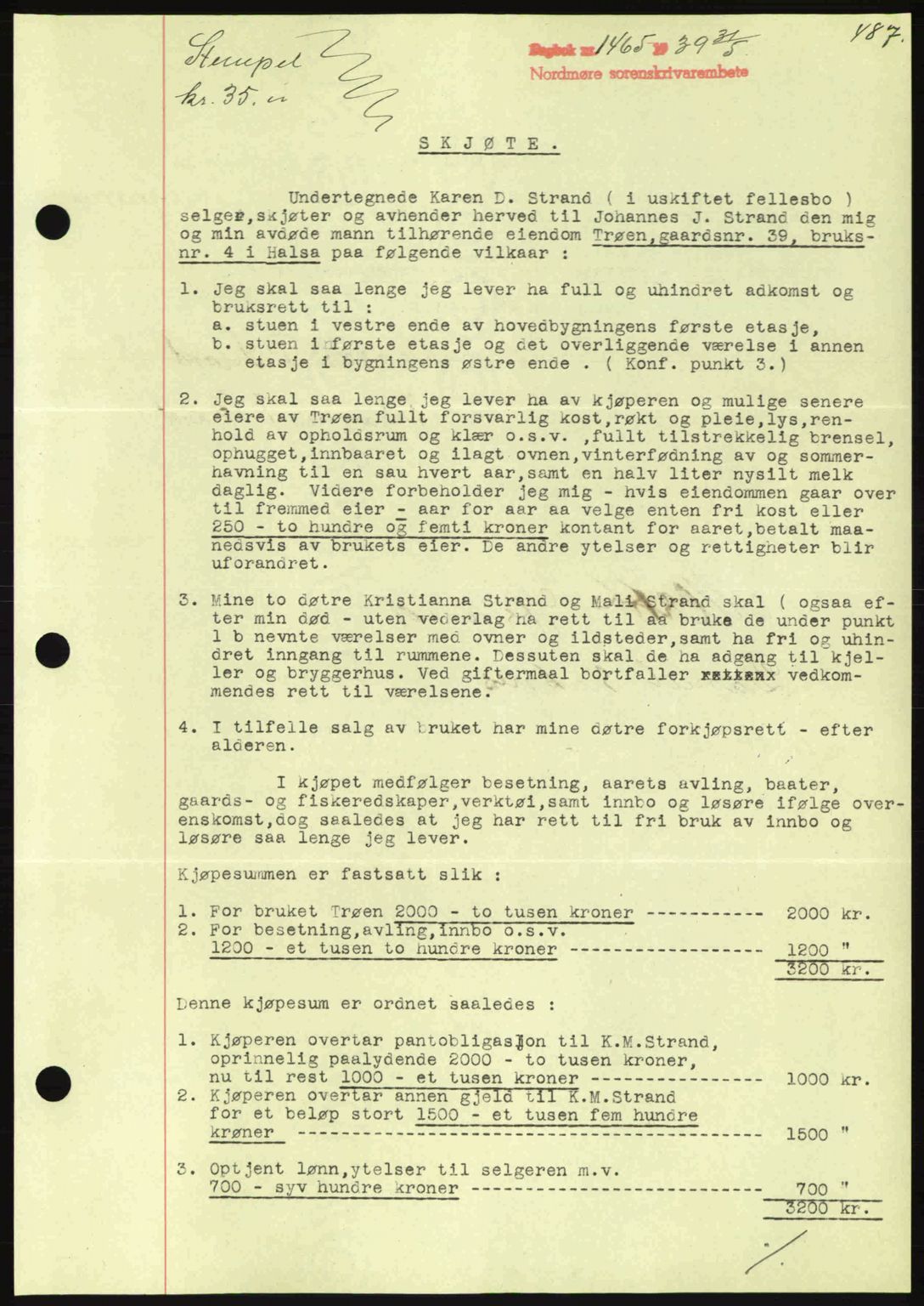 Nordmøre sorenskriveri, SAT/A-4132/1/2/2Ca: Pantebok nr. A86, 1939-1939, Dagboknr: 1465/1939