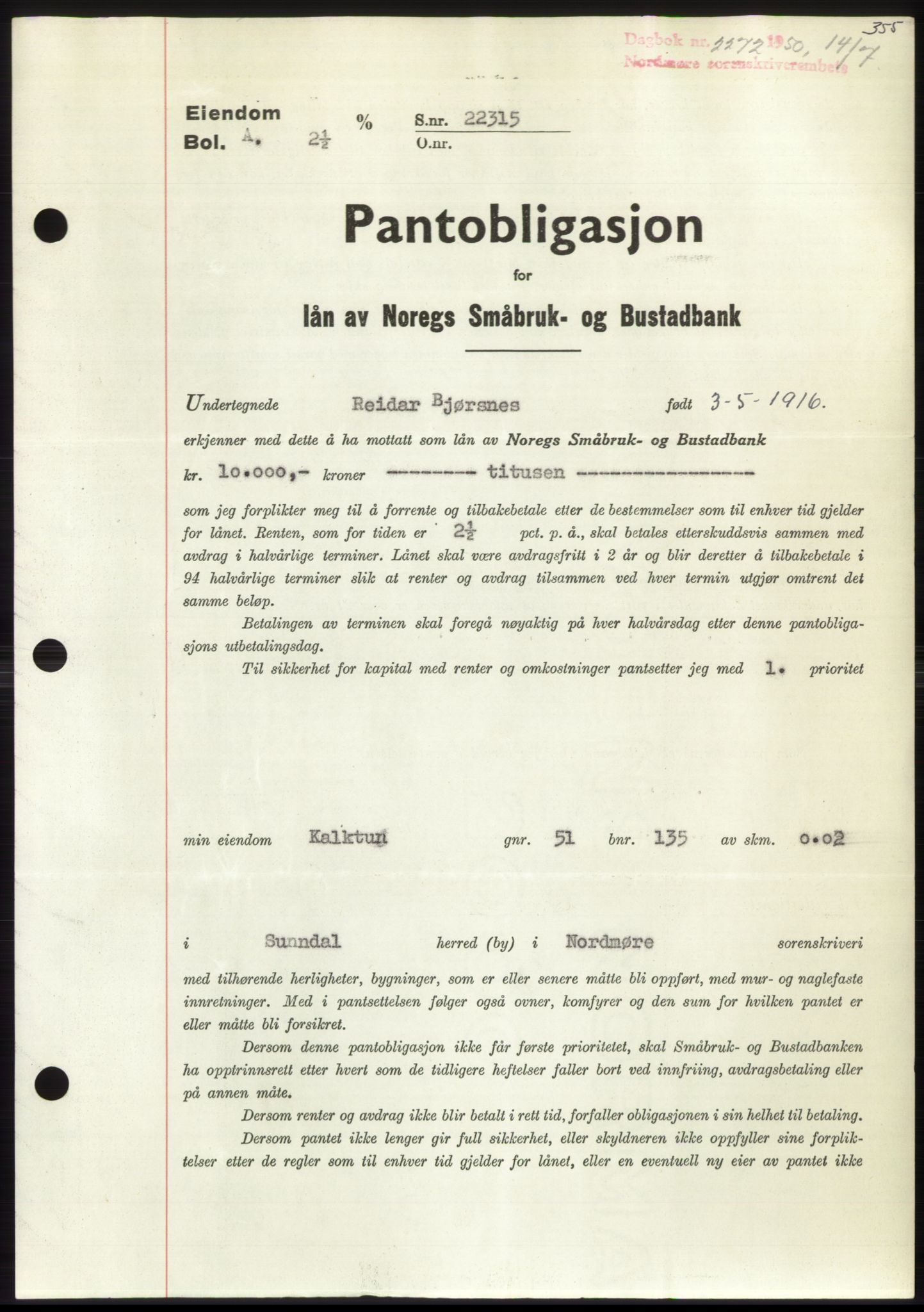 Nordmøre sorenskriveri, AV/SAT-A-4132/1/2/2Ca: Pantebok nr. B105, 1950-1950, Dagboknr: 2272/1950