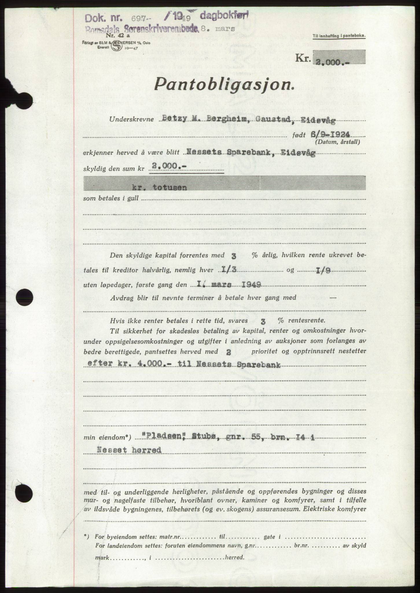 Romsdal sorenskriveri, SAT/A-4149/1/2/2C: Pantebok nr. B4, 1948-1949, Dagboknr: 697/1949
