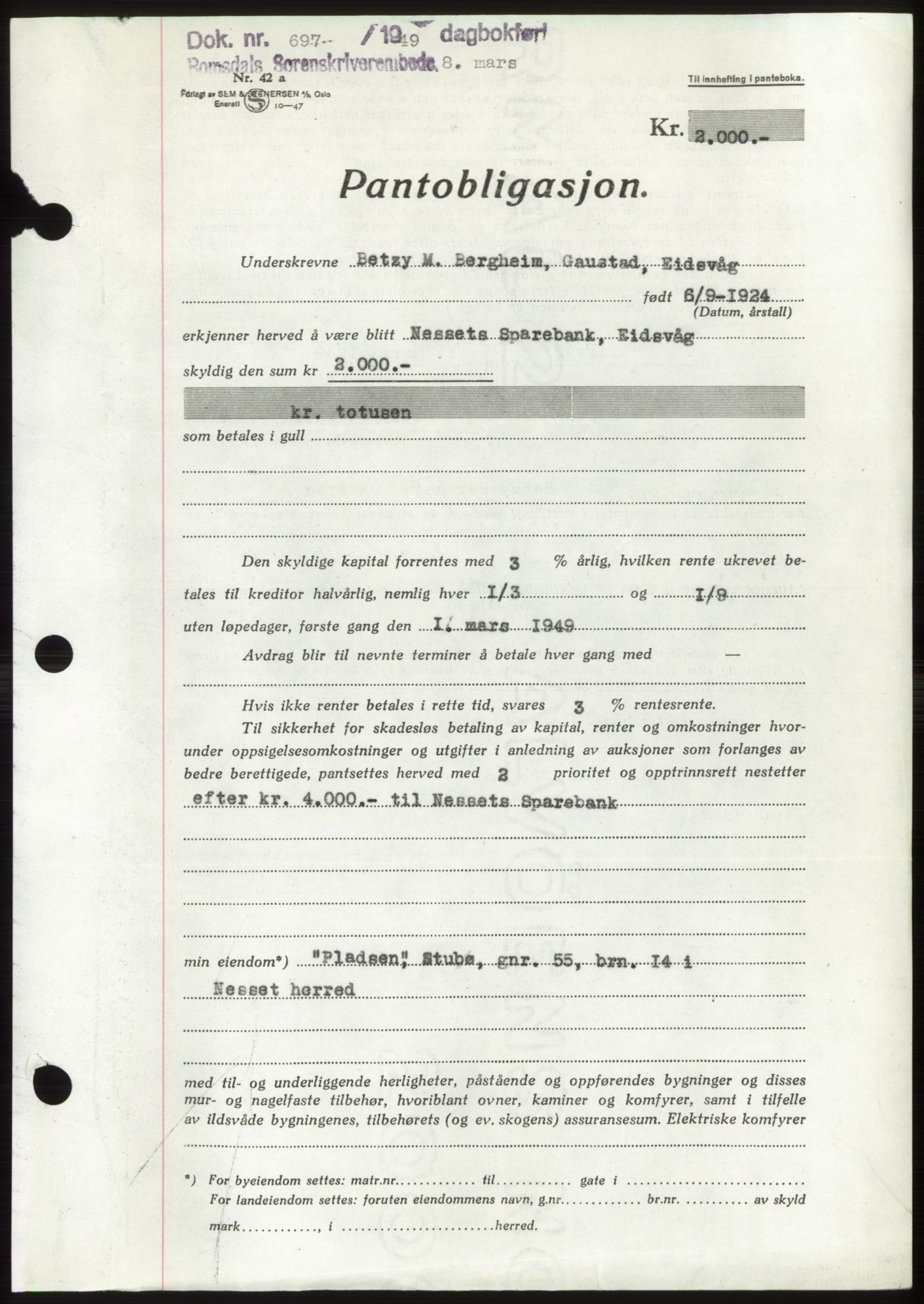 Romsdal sorenskriveri, AV/SAT-A-4149/1/2/2C: Pantebok nr. B4, 1948-1949, Dagboknr: 697/1949