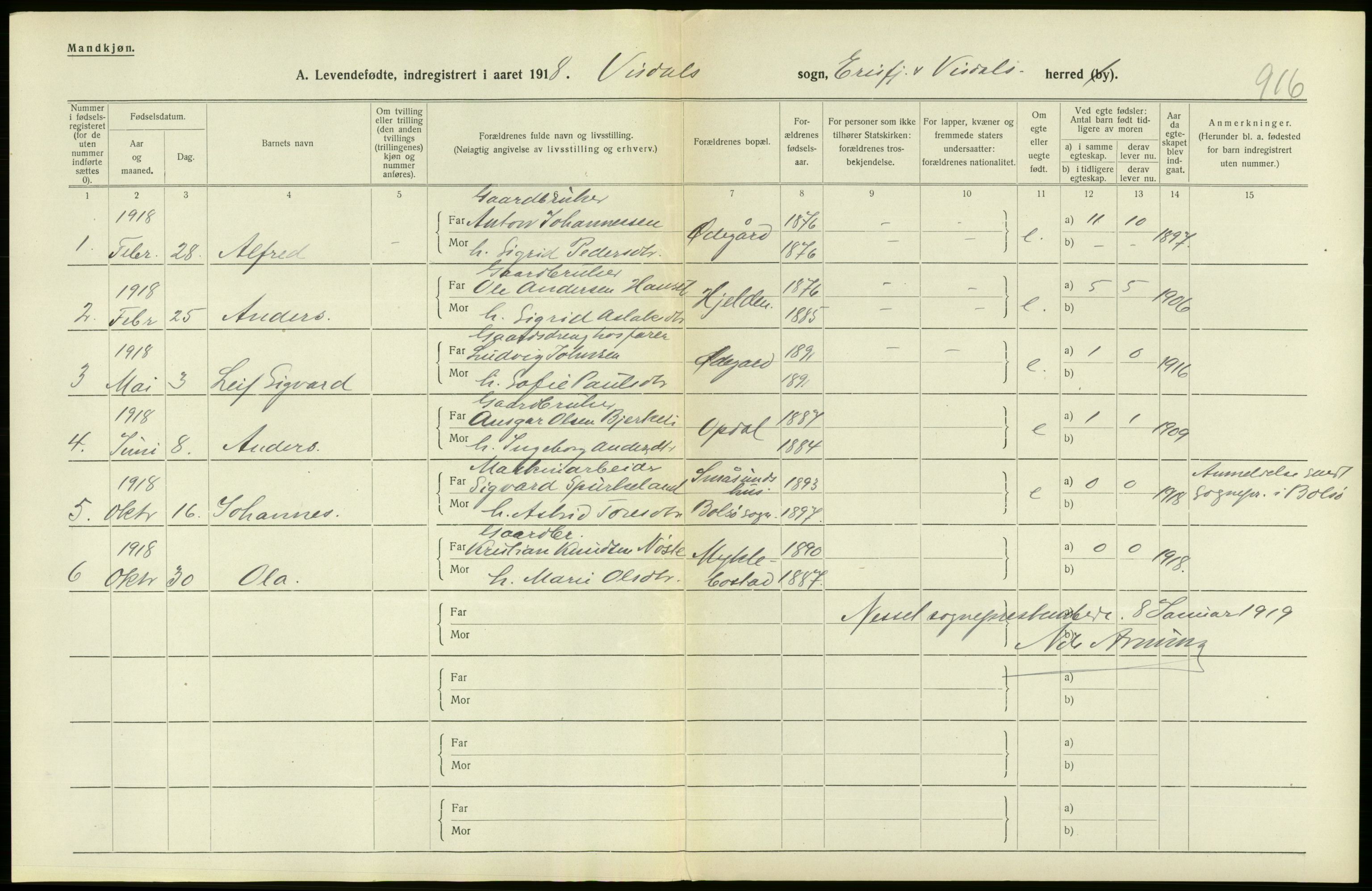 Statistisk sentralbyrå, Sosiodemografiske emner, Befolkning, RA/S-2228/D/Df/Dfb/Dfbh/L0043: Møre fylke: Levendefødte menn og kvinner. Bygder., 1918, s. 508