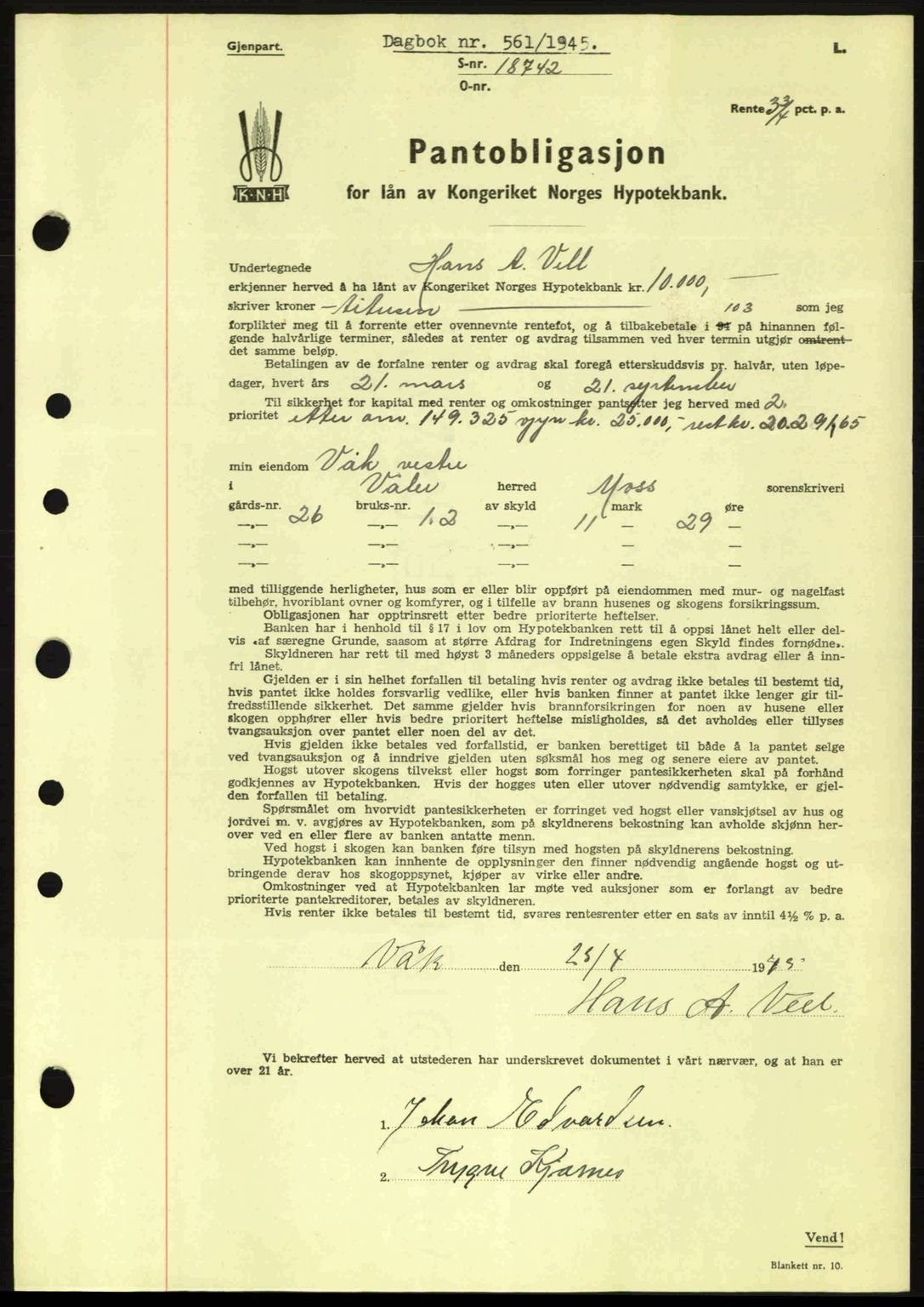 Moss sorenskriveri, SAO/A-10168: Pantebok nr. B13, 1943-1945, Dagboknr: 561/1945