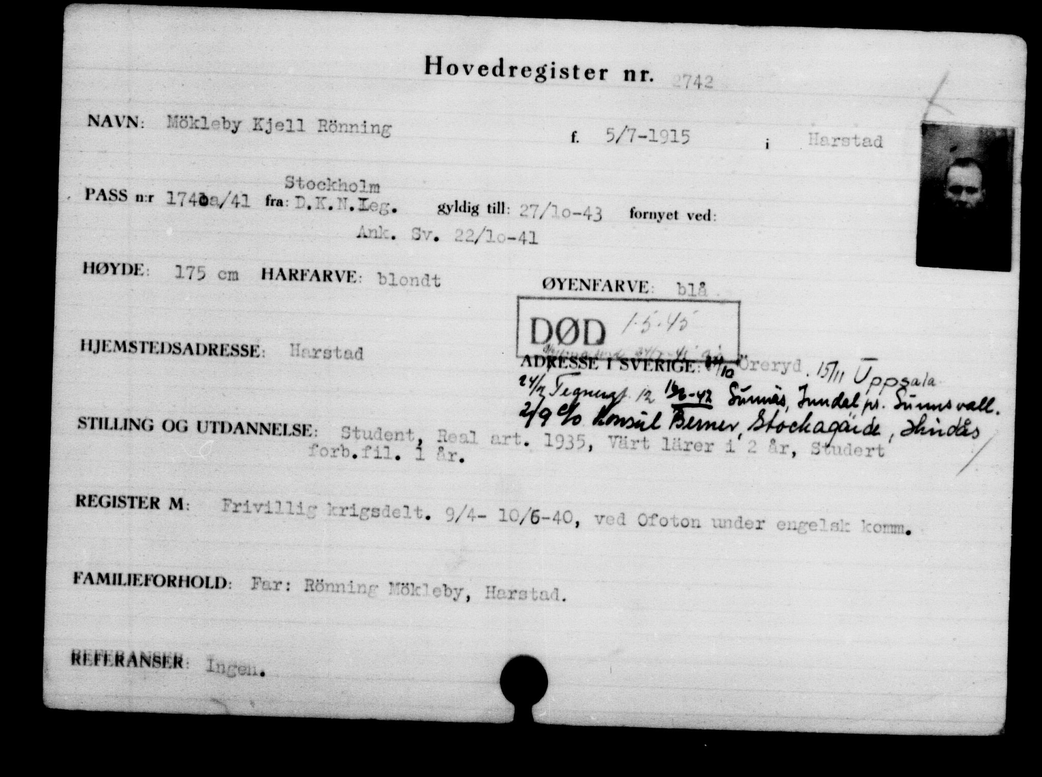 Utenriksstasjonene, Legasjonen i Stockholm, Flyktningkontoret, AV/RA-S-6753/V/Va/L0003: Kjesäterkartoteket, flyktninger med registreringsnr. 2001-3495, 1940-1945, s. 1127
