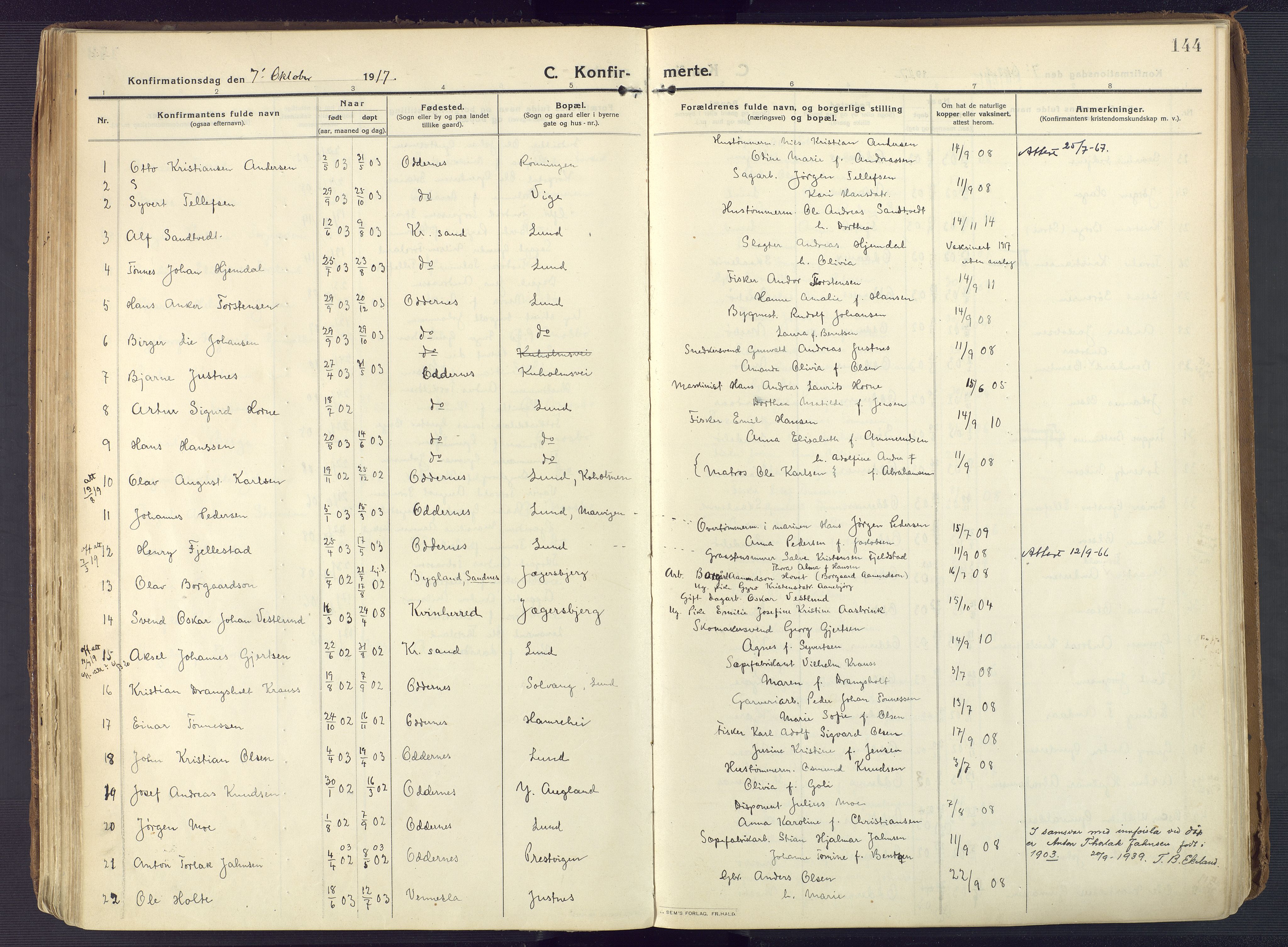 Oddernes sokneprestkontor, SAK/1111-0033/F/Fa/Faa/L0012: Ministerialbok nr. A 12, 1912-1925, s. 144