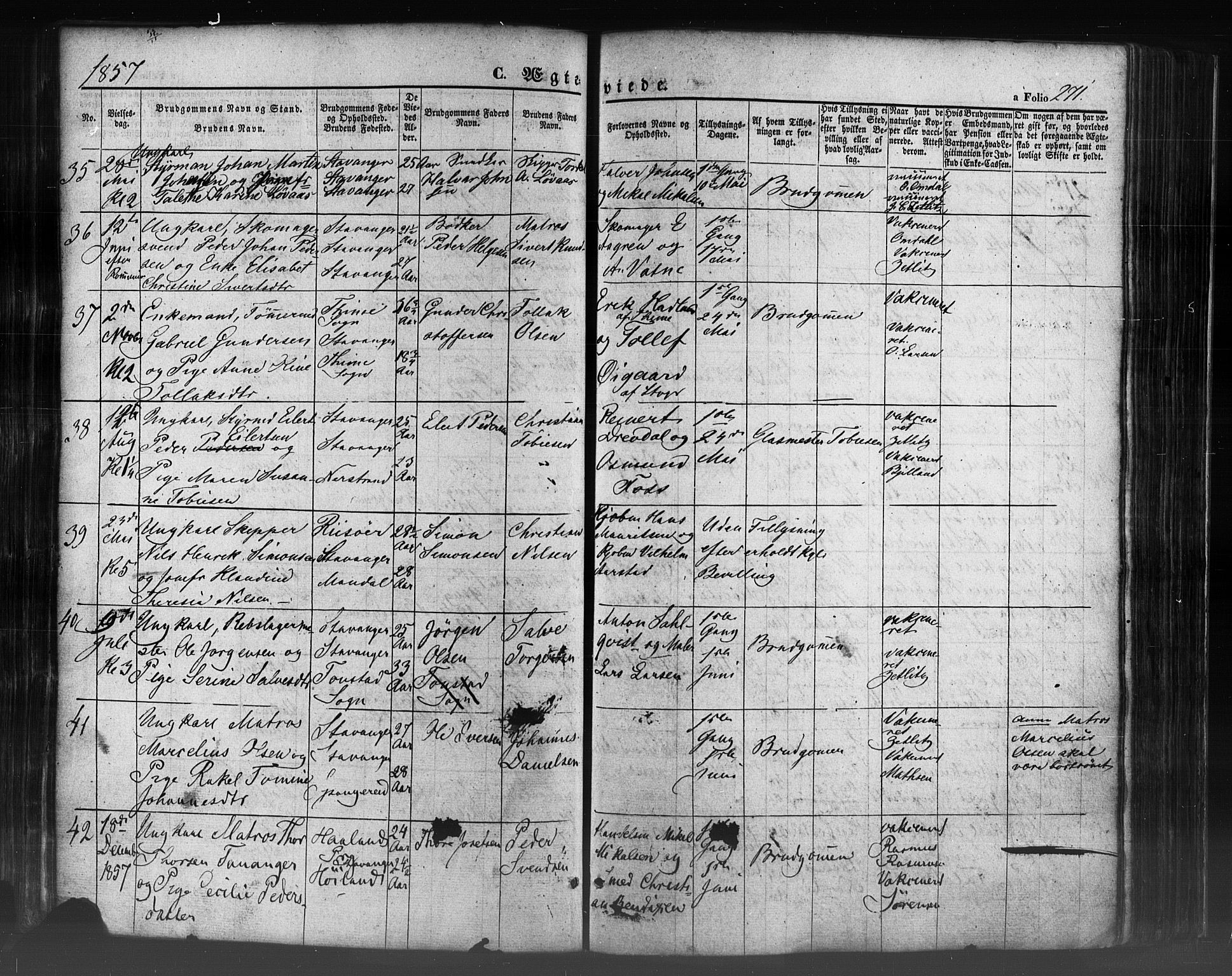 Domkirken sokneprestkontor, AV/SAST-A-101812/001/30/30BB/L0009: Klokkerbok nr. B 9, 1850-1858, s. 271