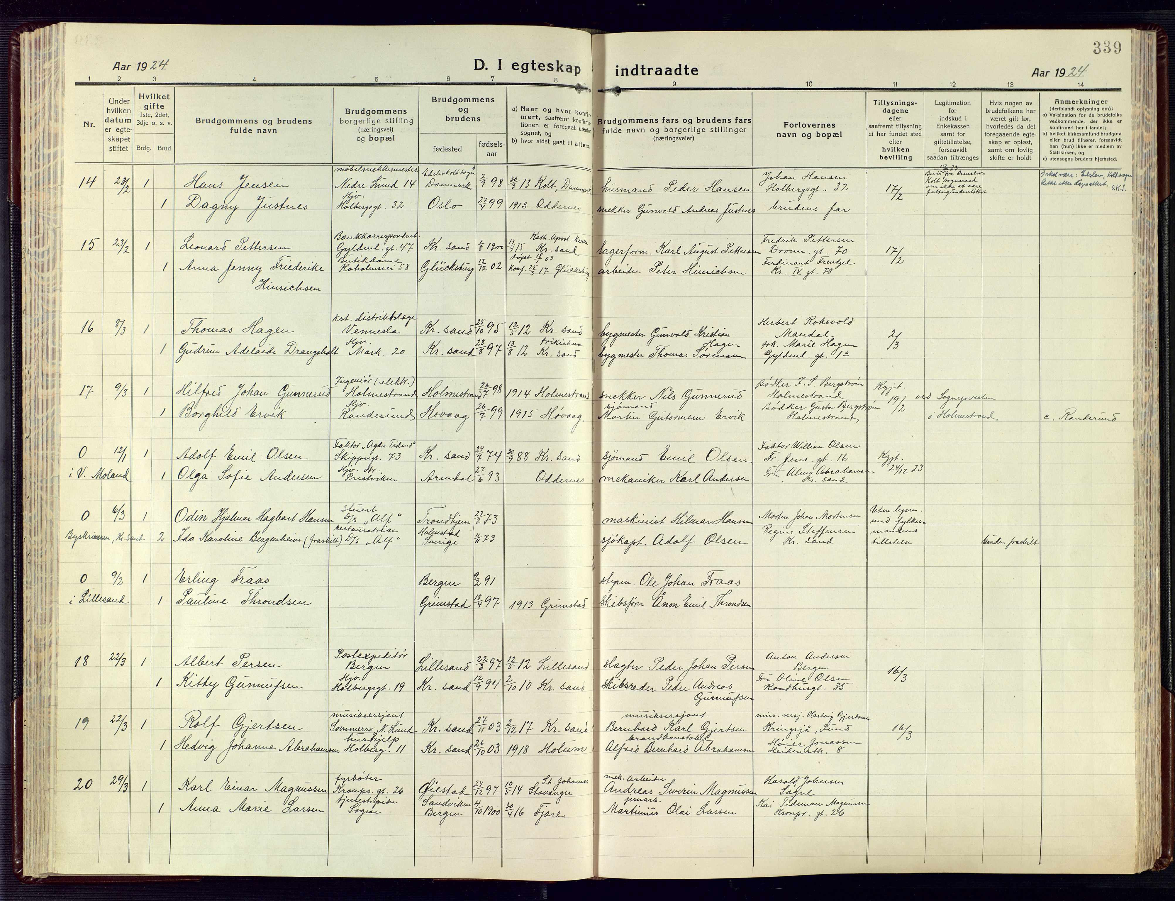 Kristiansand domprosti, AV/SAK-1112-0006/F/Fa/L0028: Ministerialbok nr. A 27, 1917-1926, s. 339