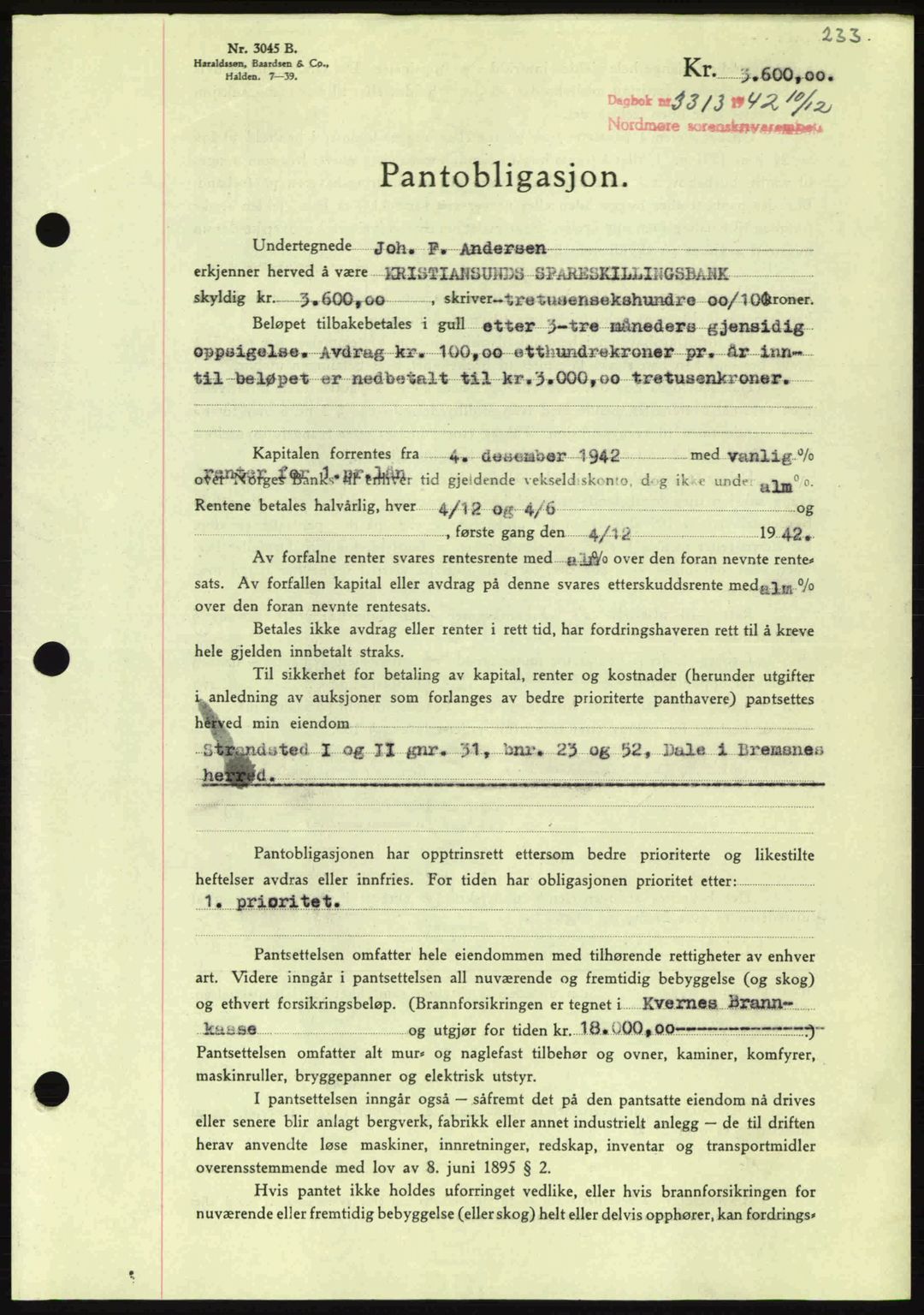 Nordmøre sorenskriveri, SAT/A-4132/1/2/2Ca: Pantebok nr. B90, 1942-1943, Dagboknr: 3313/1942