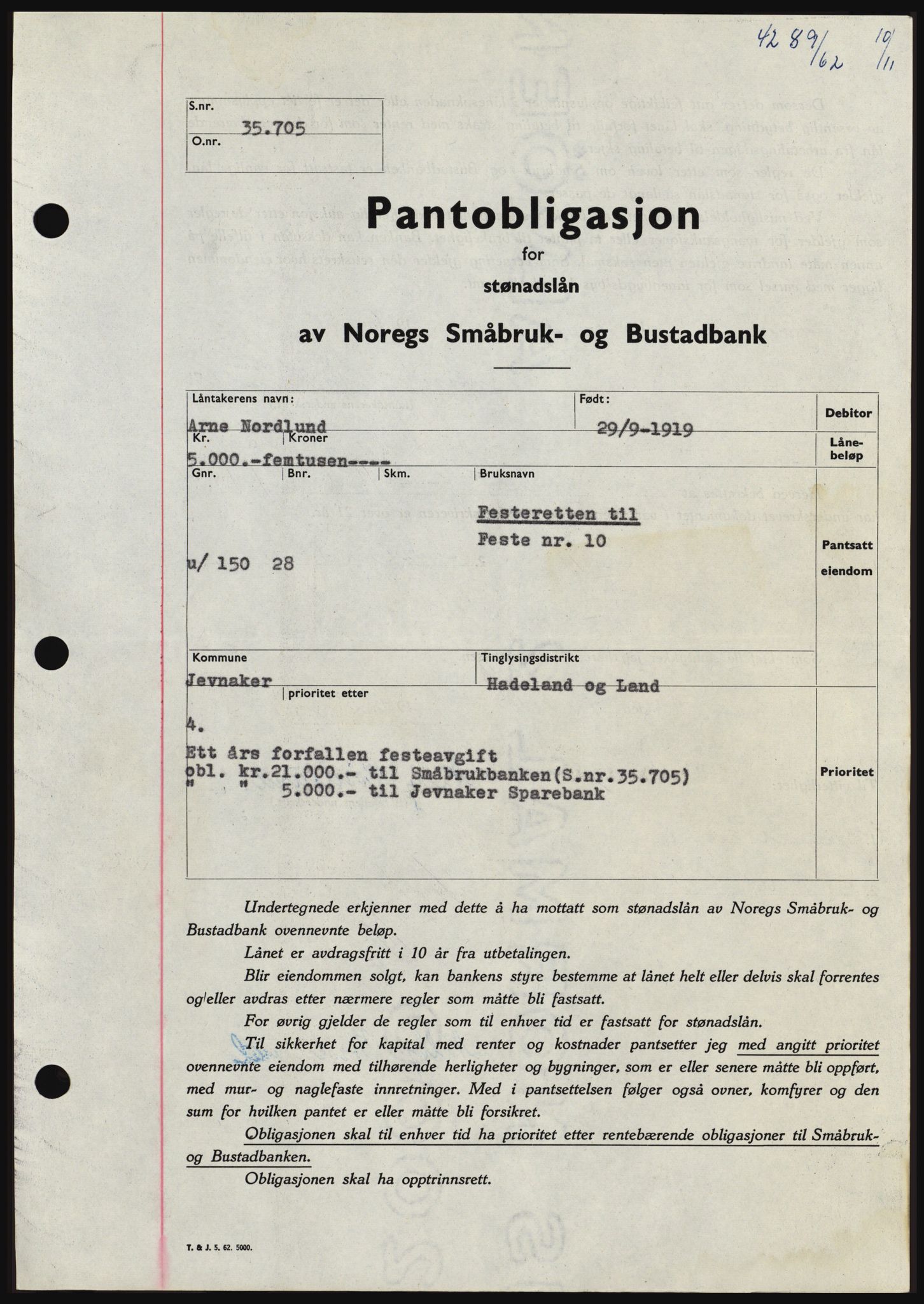 Hadeland og Land tingrett, SAH/TING-010/H/Hb/Hbc/L0050: Pantebok nr. B50, 1962-1963, Dagboknr: 4289/1962